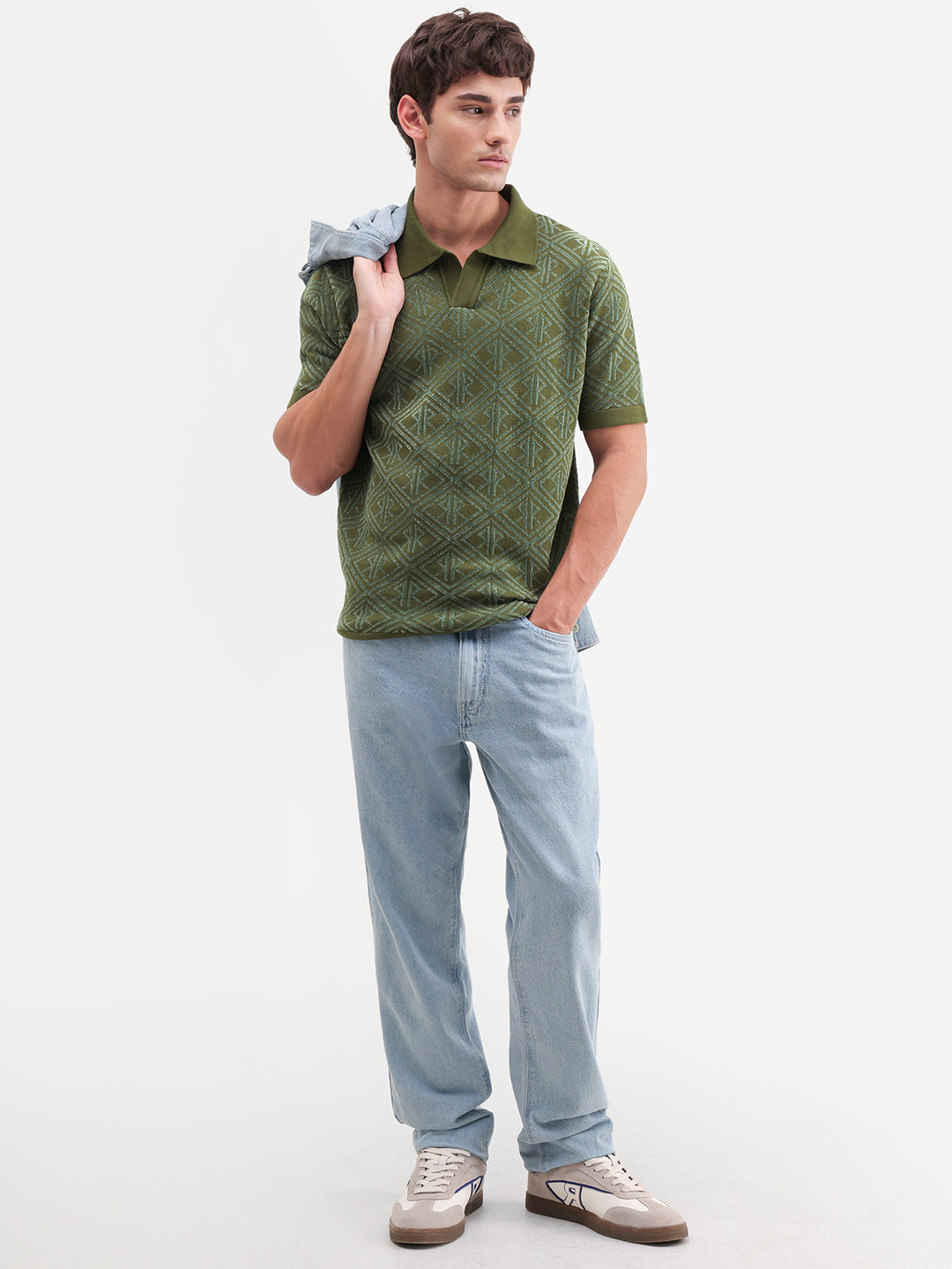 Rare Rabbit Men's Rene Dusky Green Cotton Blend Johnny Collar Regular Jacquard Polo