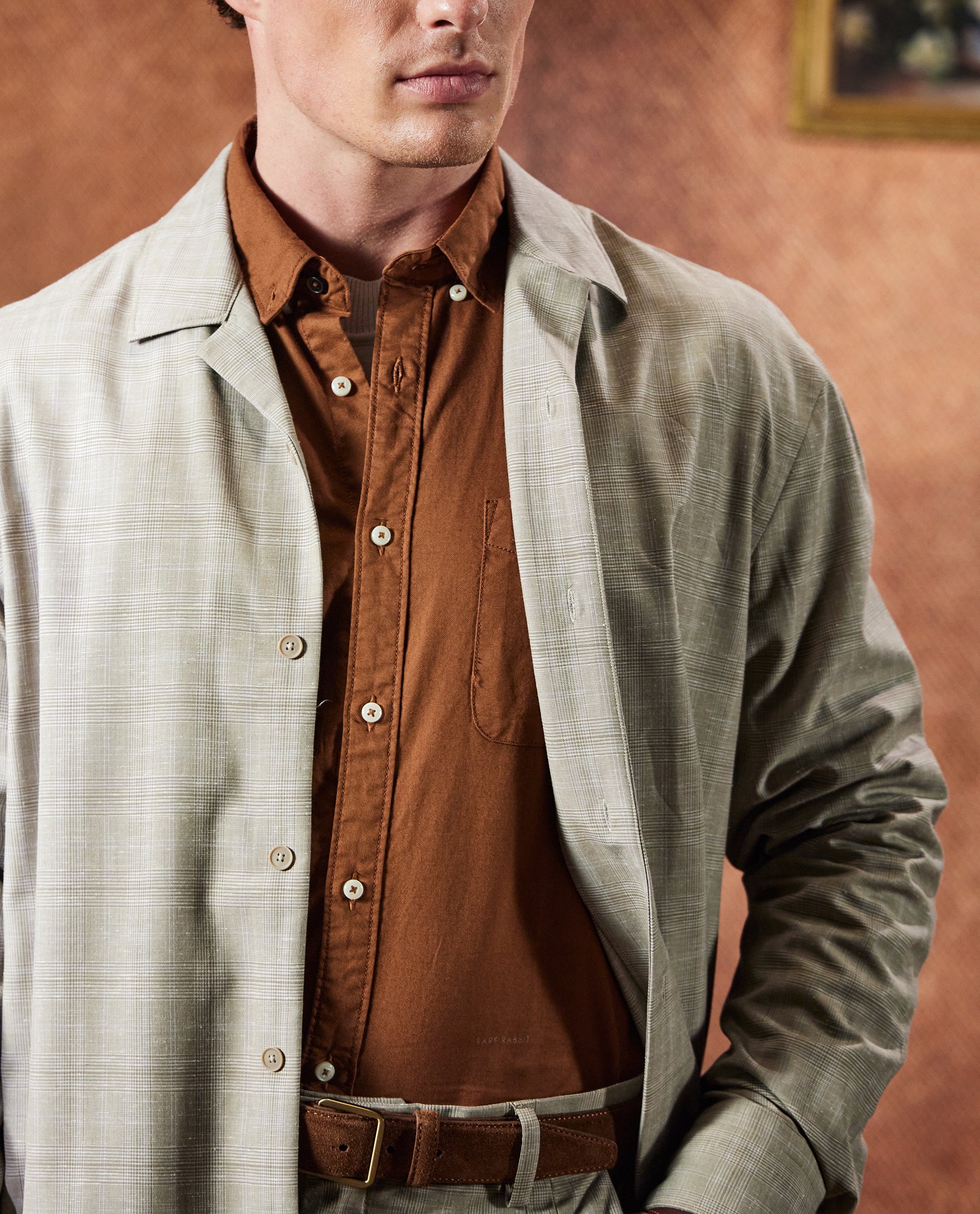 Rare Rabbit Men Reno Beige Cotton Blend Fabric Full Sleeve Cuban Collared Button Closure Regular Fit Checks Premium Casual Shirt