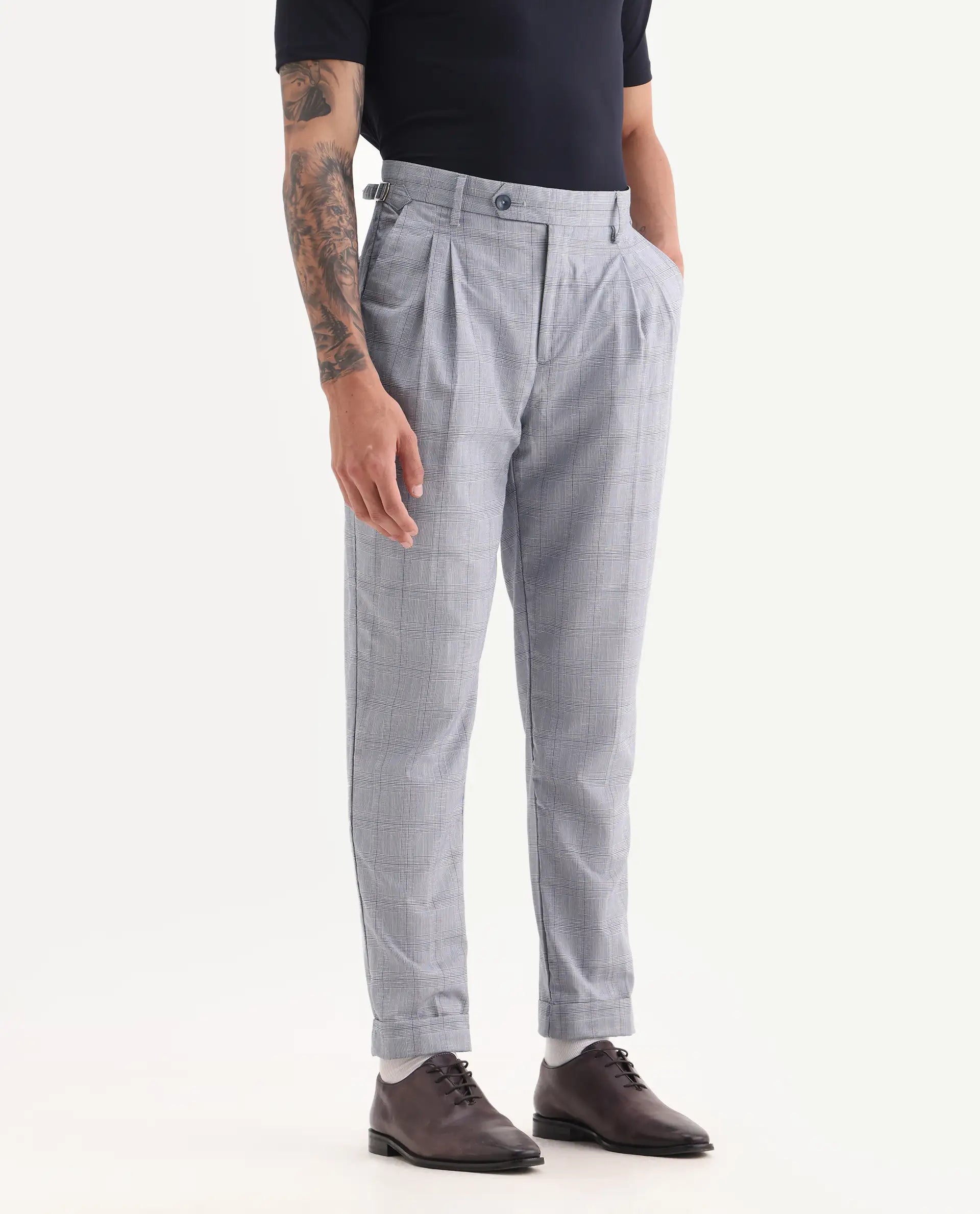 Rare Rabbit Men's Renot Blue Cotton Checked Print Regular Fit Trouser