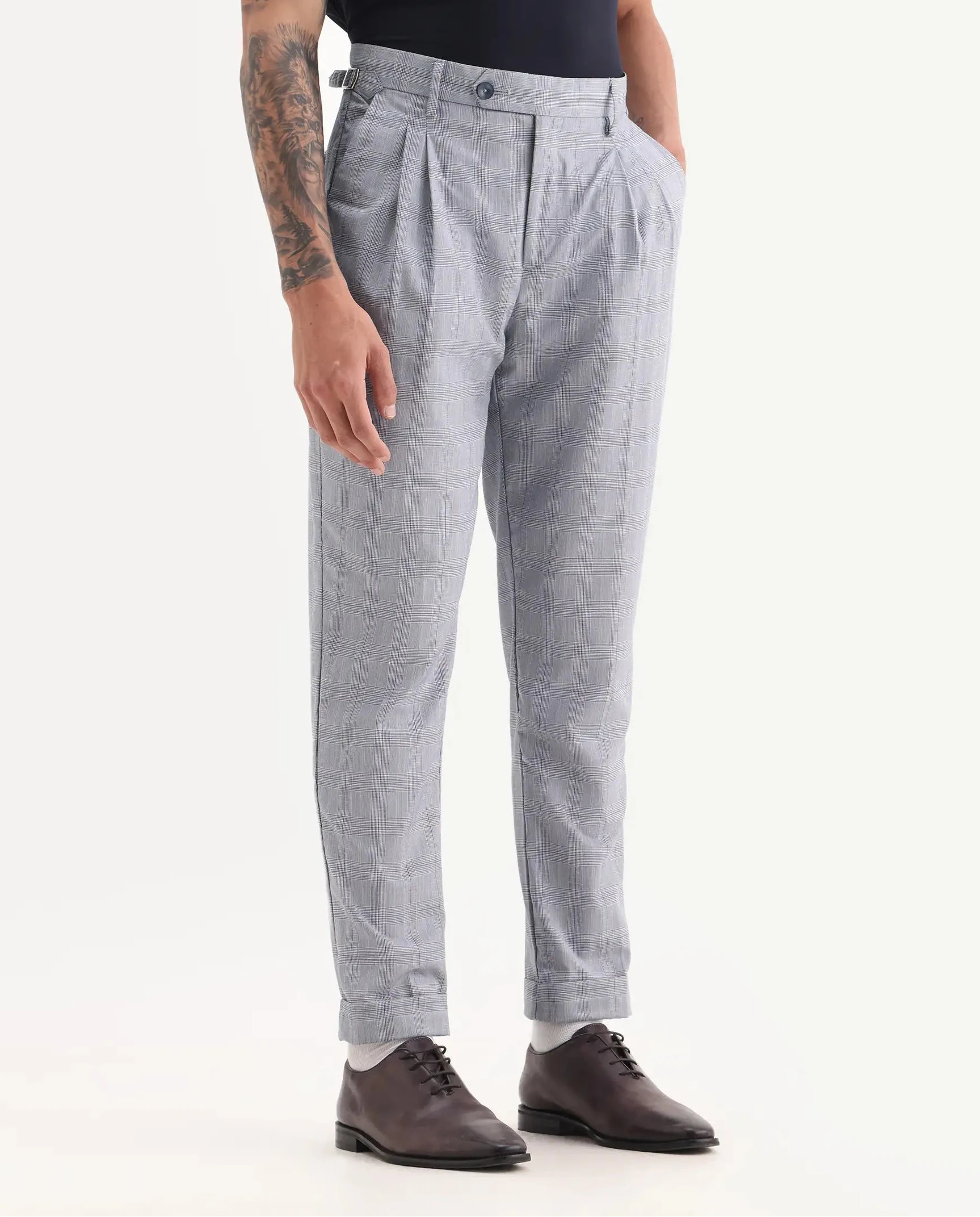 Rare Rabbit Men's Renot Blue Linen Blend Checked Print Regular Fit Trouser