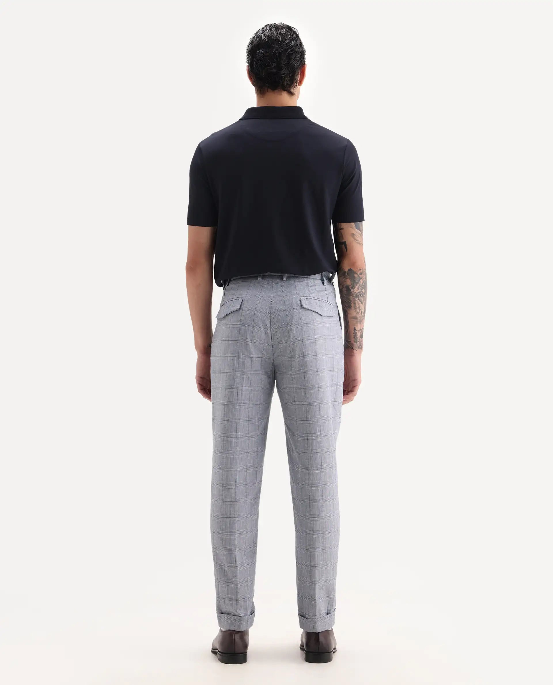 Rare Rabbit Men's Renot Blue Cotton Checked Print Regular Fit Trouser