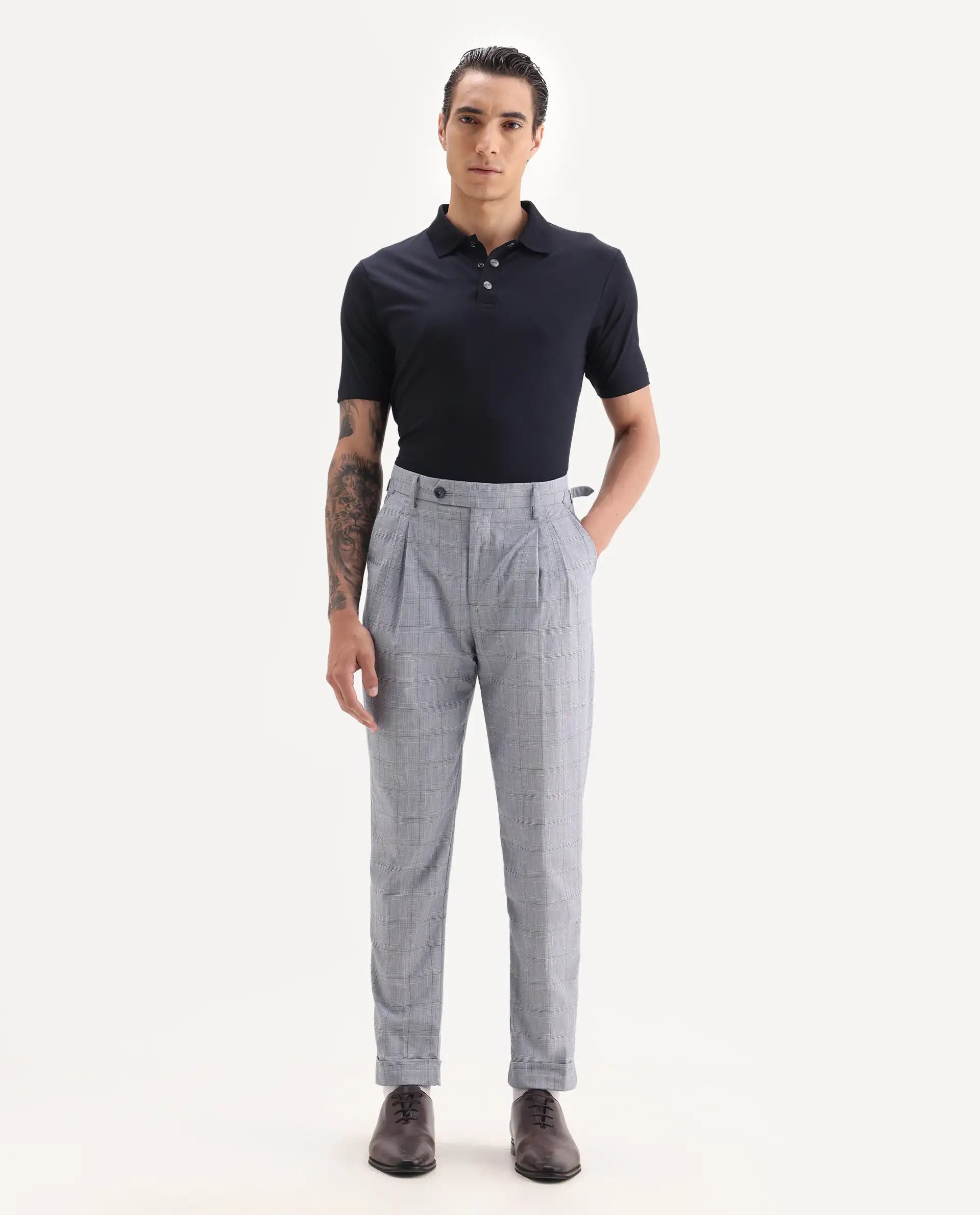 Rare Rabbit Men's Renot Blue Cotton Checked Print Regular Fit Trouser