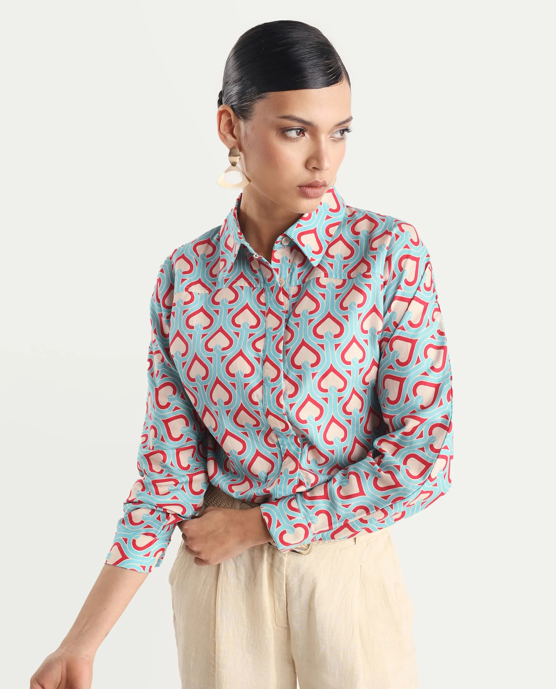 Rareism Women's Repece Multi Cotton Blend Drop Collar Geometric Print Boxy Fit Top