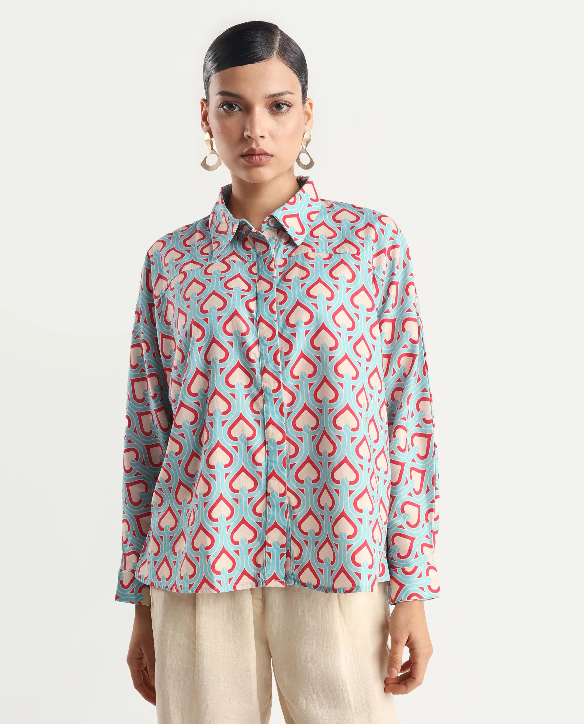 Rareism Women's Repece Multi Cotton Blend Drop Collar Geometric Print Boxy Fit Top