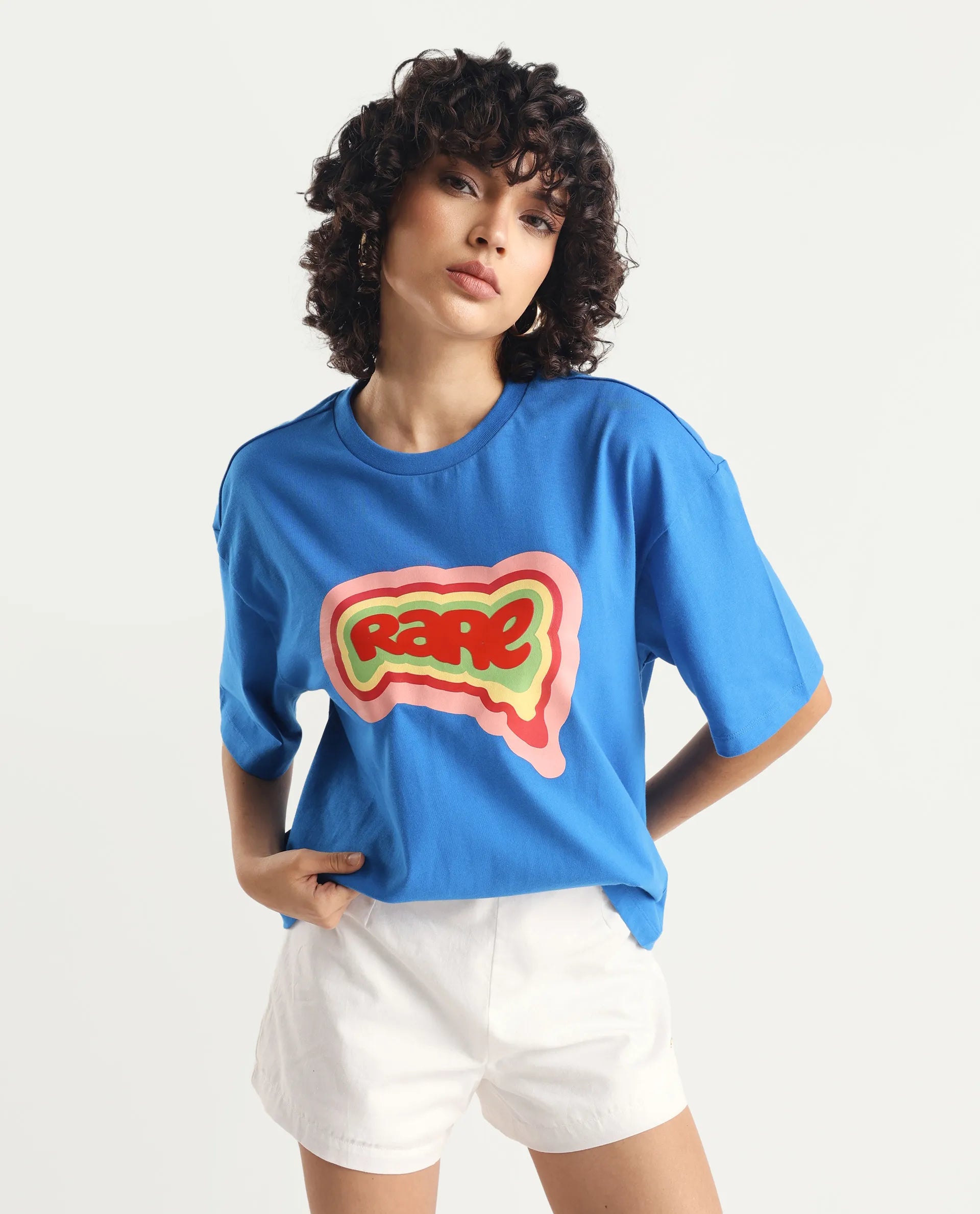 Rareism Women's Retriz Blue Cotton Crew Neck Graphic Print Oversized T-Shirt