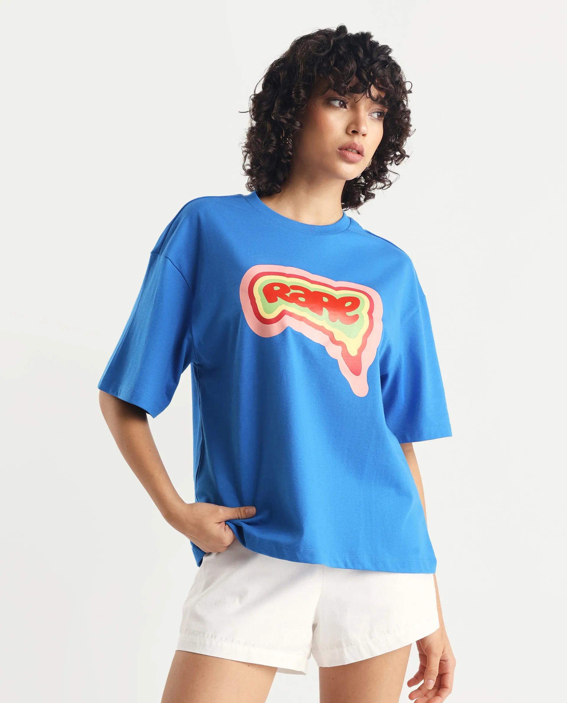 Rareism Women's Retriz Blue Cotton Crew Neck Graphic Print Oversized T-Shirt