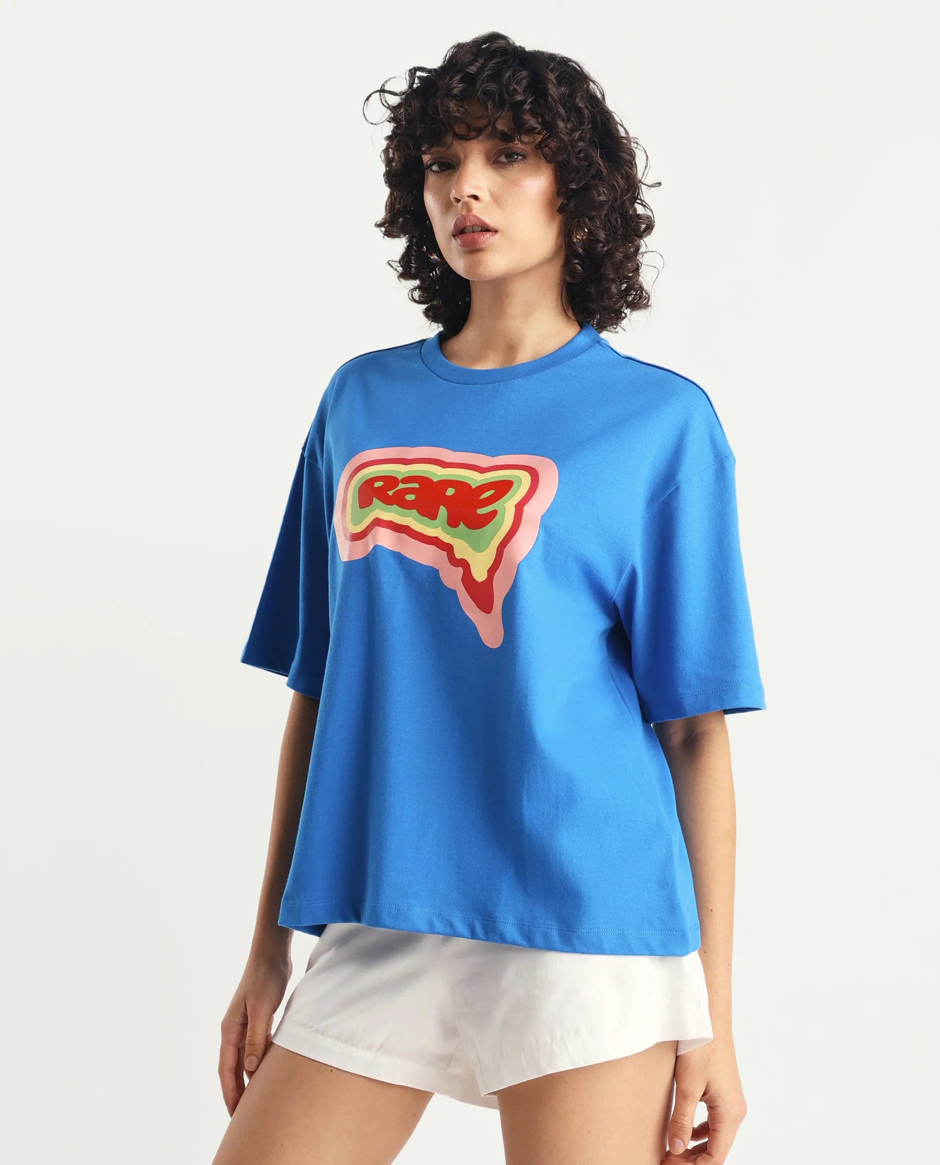 Rareism Women's Retriz Blue Cotton Crew Neck Graphic Print Oversized T-Shirt