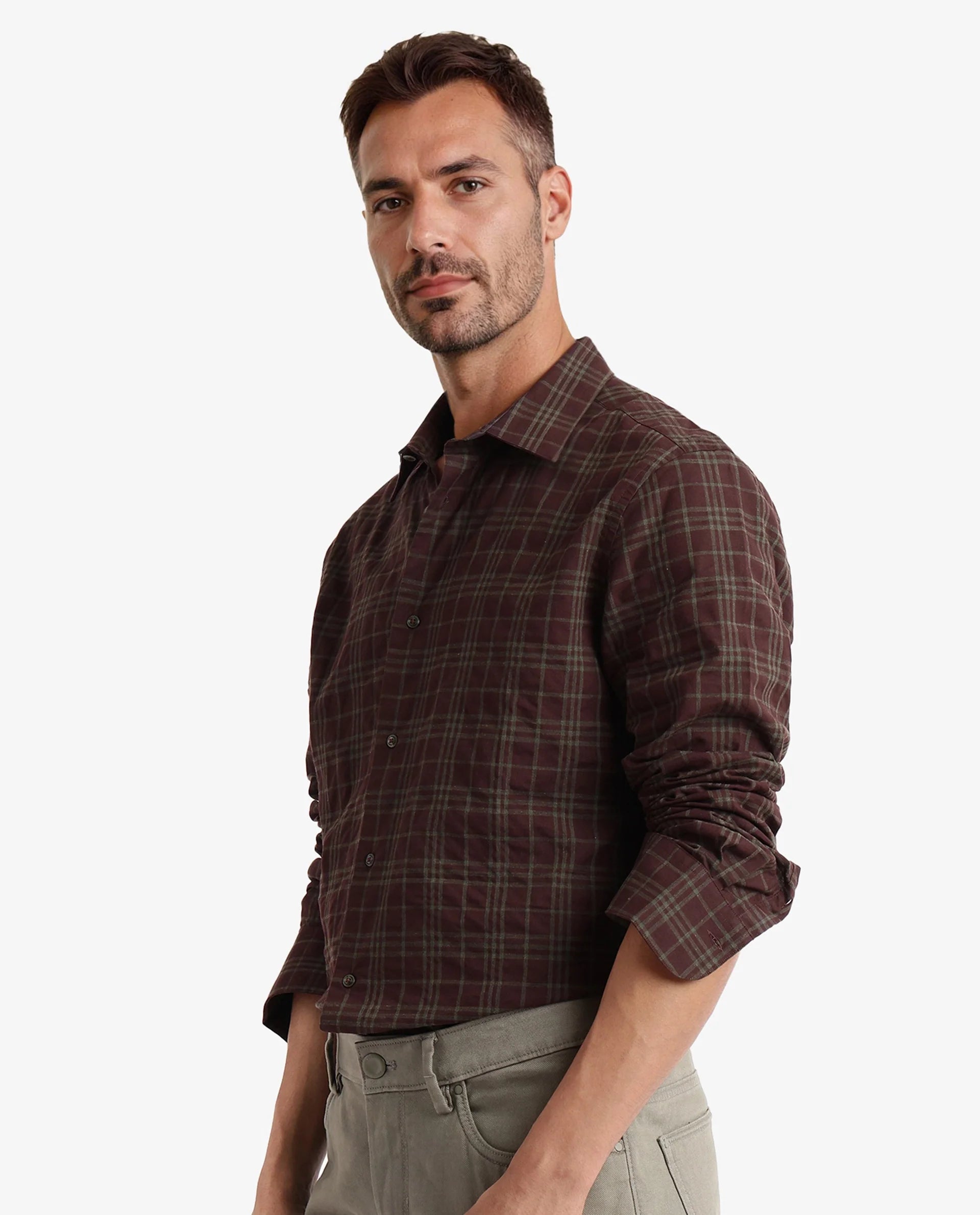 Rare Rabbit Men Revers Brown Cotton Fabric Regular Collar Full Sleeve Regular Fit Check Shirt