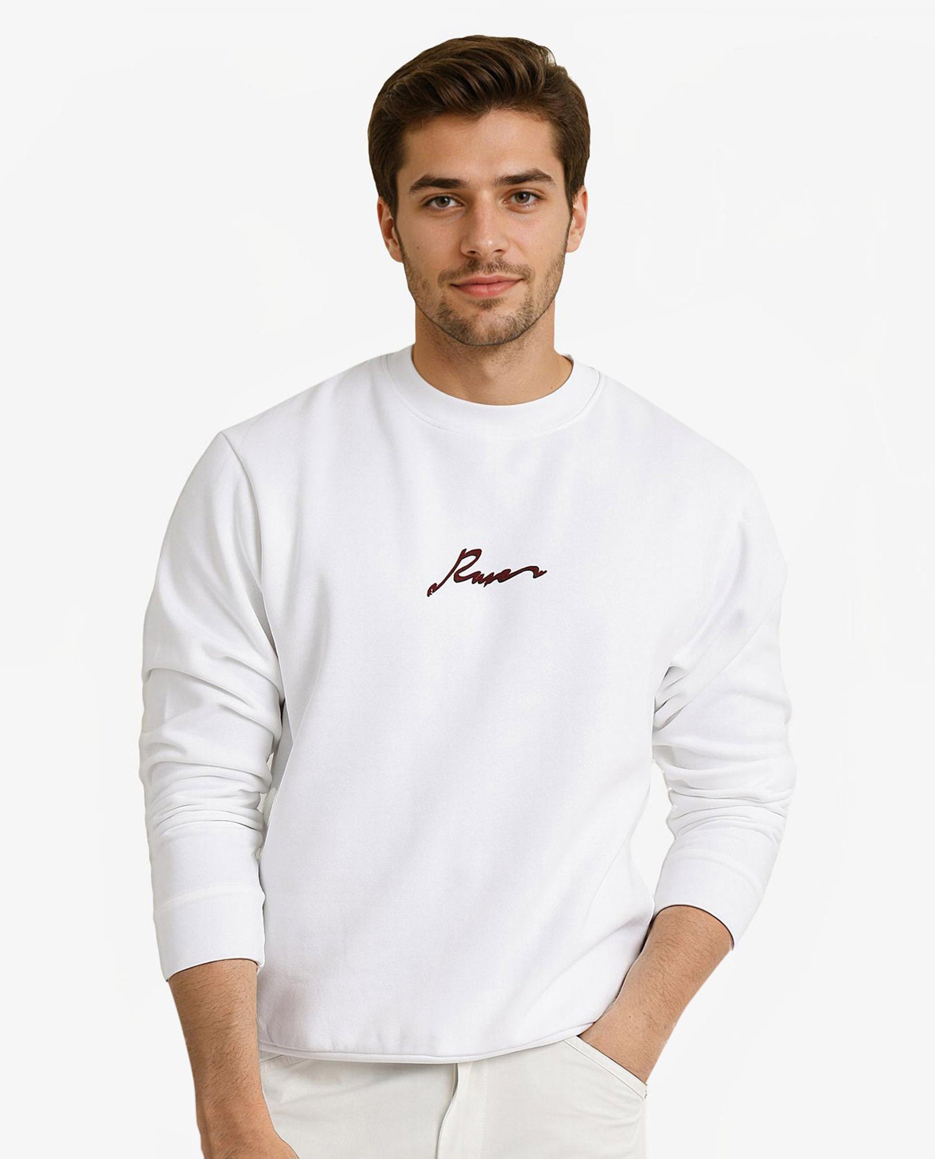 Rare Rabbit Men Rew-1 White Full Sleeve Cotton Polyester Fabric Full Sleeve Crew Neck Regular Fit Graphic Flock Print Sweatshirt