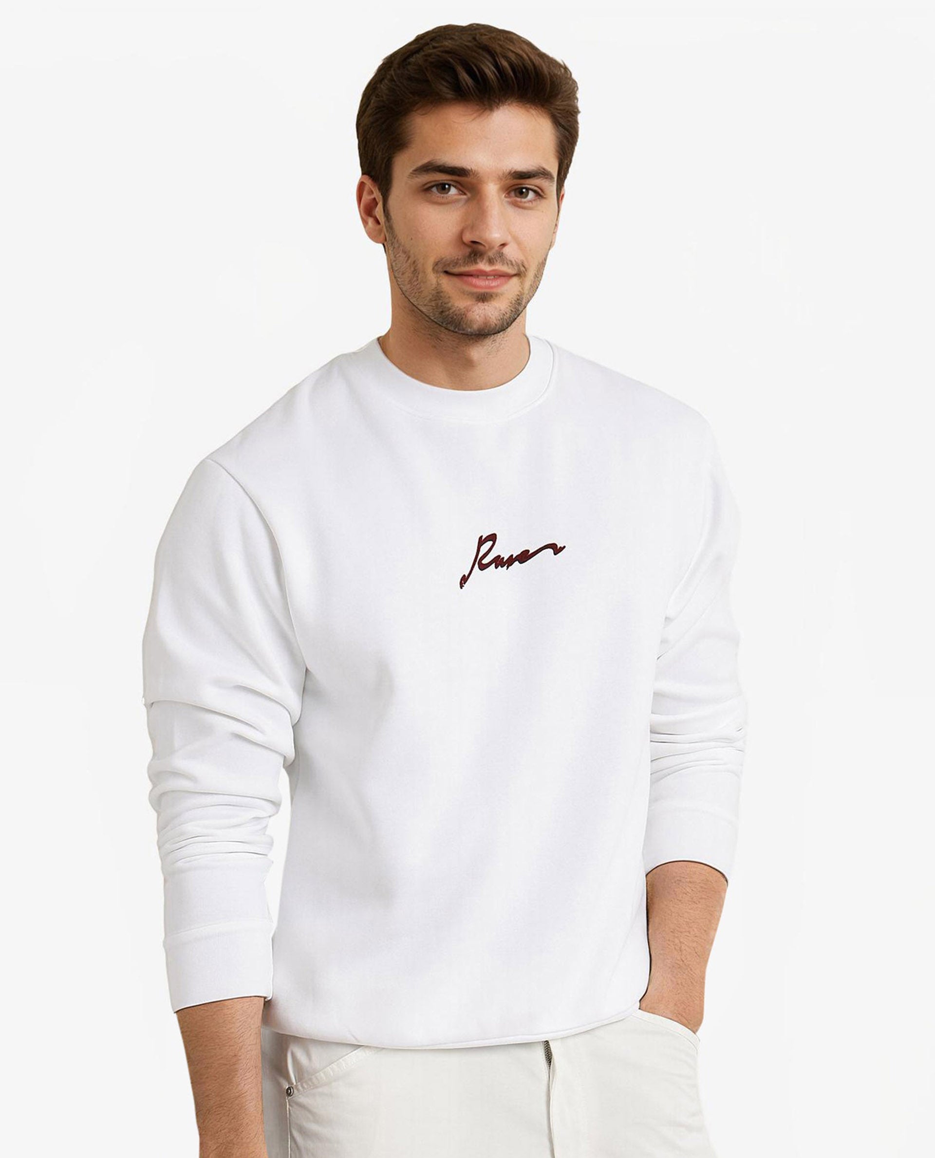 Rare Rabbit Men Rew-1 White Full Sleeve Cotton Polyester Fabric Full Sleeve Crew Neck Regular Fit Graphic Flock Print Sweatshirt