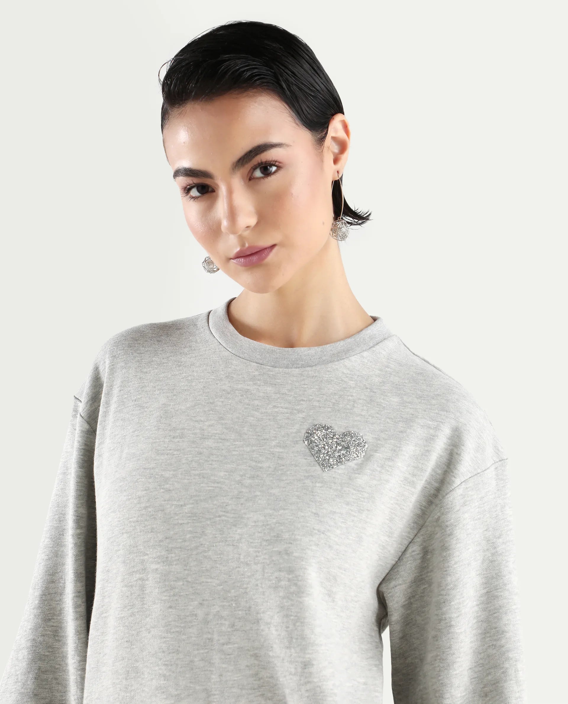 Rareism Women's Rhink Melange Cotton Blend Hooded Plain Relaxed Fit Sweatshirt