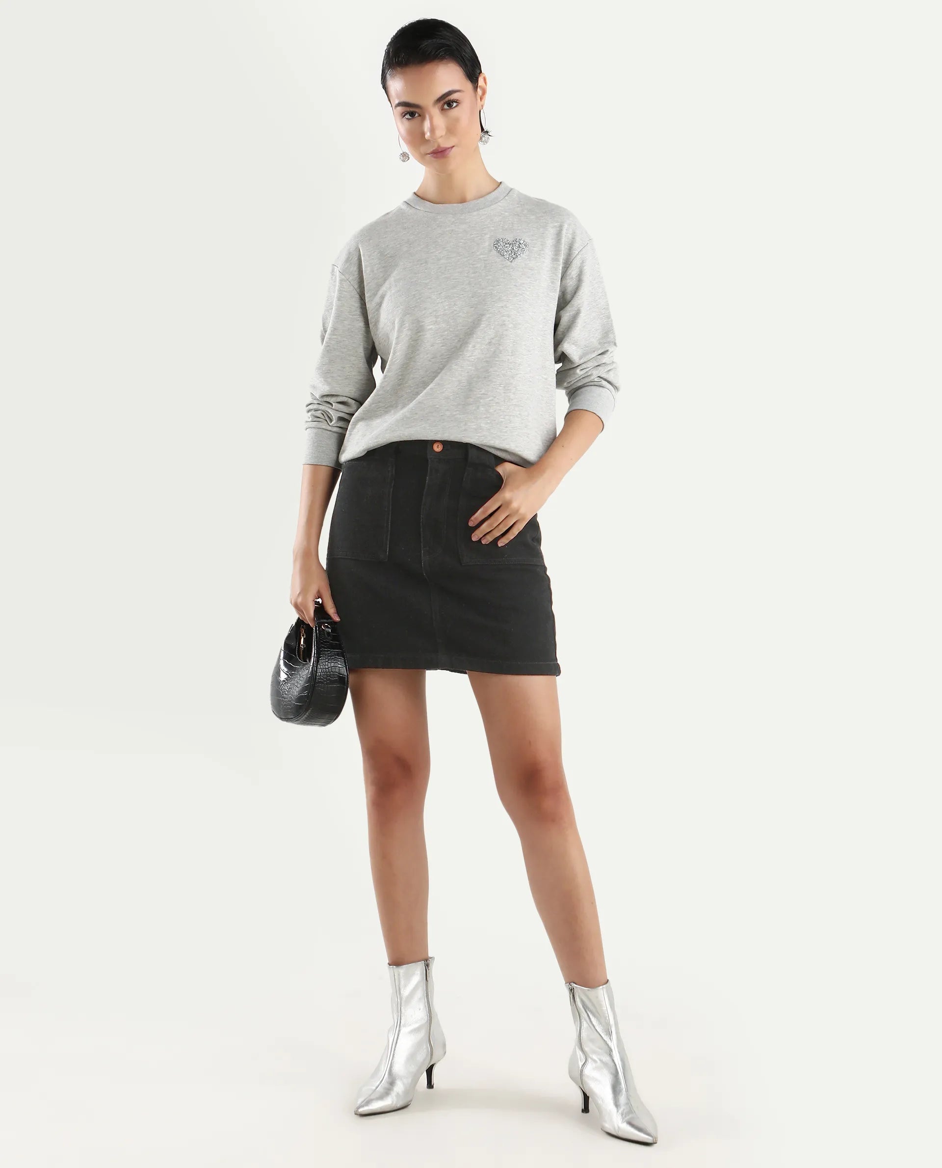 Rareism Women's Rhink Melange Cotton Blend Hooded Plain Relaxed Fit Sweatshirt