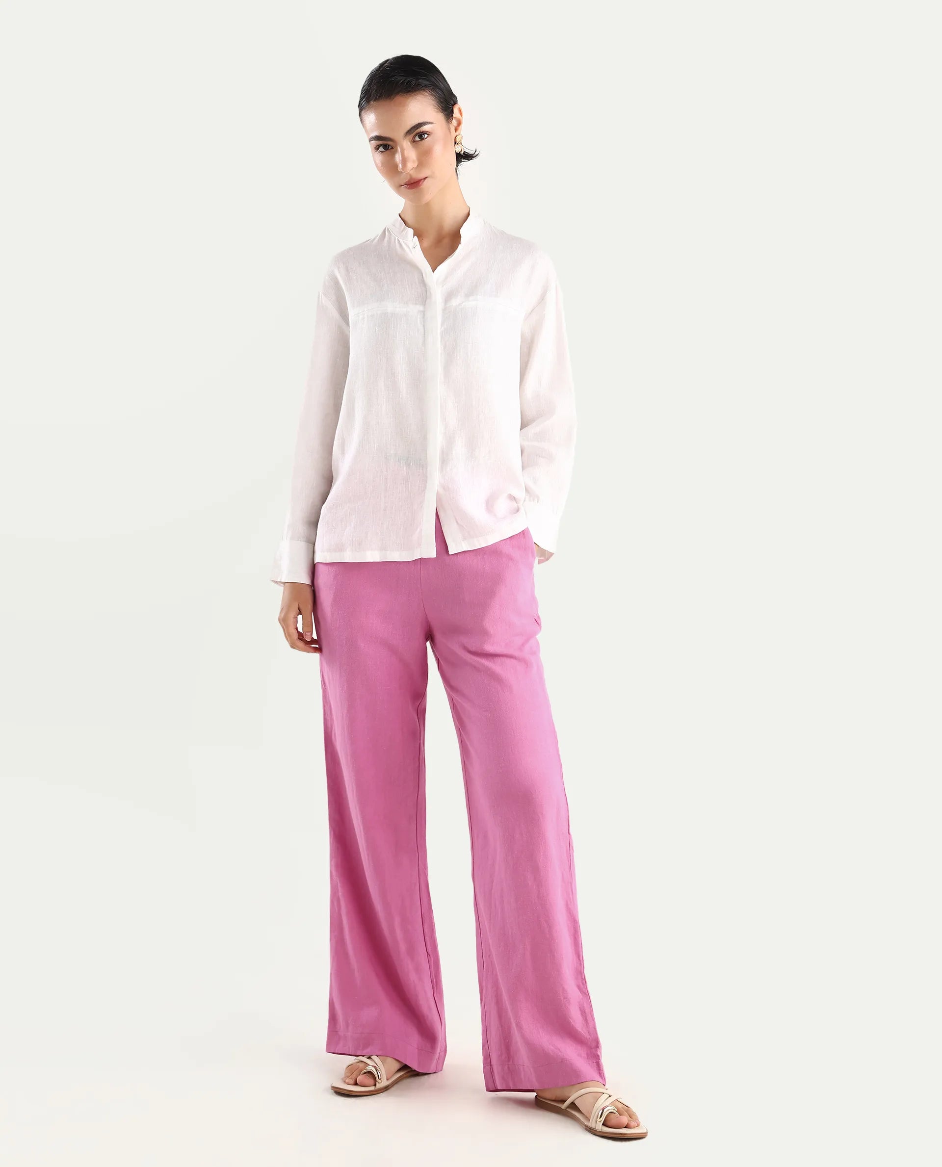 Rareism Women's Rica Pastel Pink Cotton Linen Plain Ankle Length Regular Fit Trouser