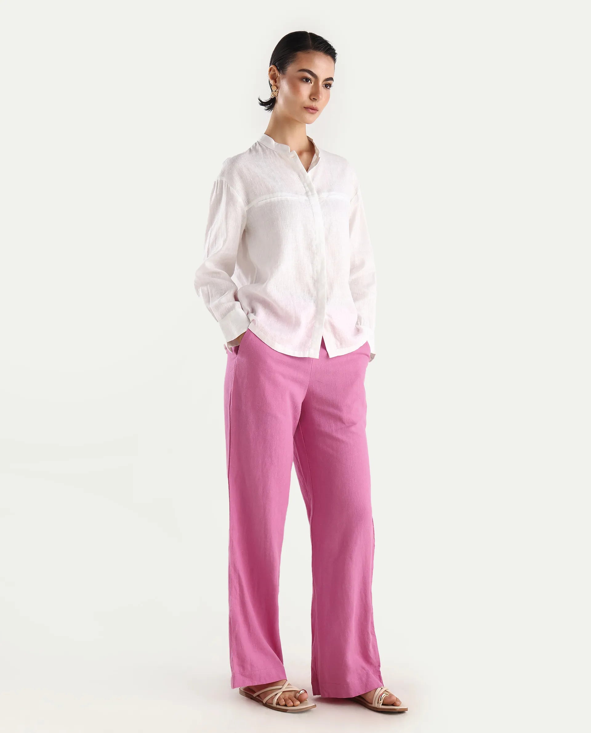 Rareism Women's Rica Pastel Pink Cotton Linen Plain Ankle Length Regular Fit Trouser