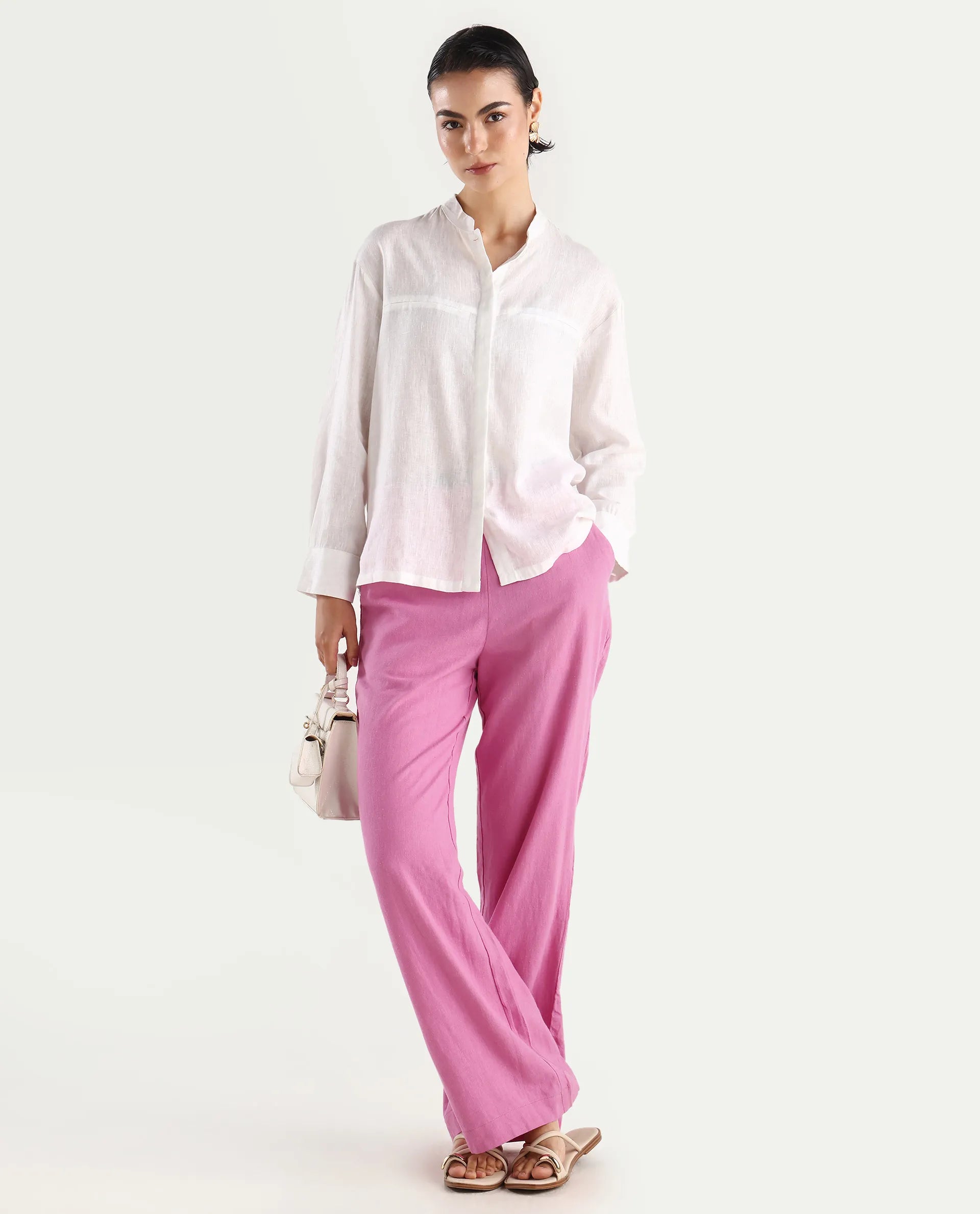 Rareism Women's Rica Pastel Pink Cotton Linen Plain Ankle Length Regular Fit Trouser