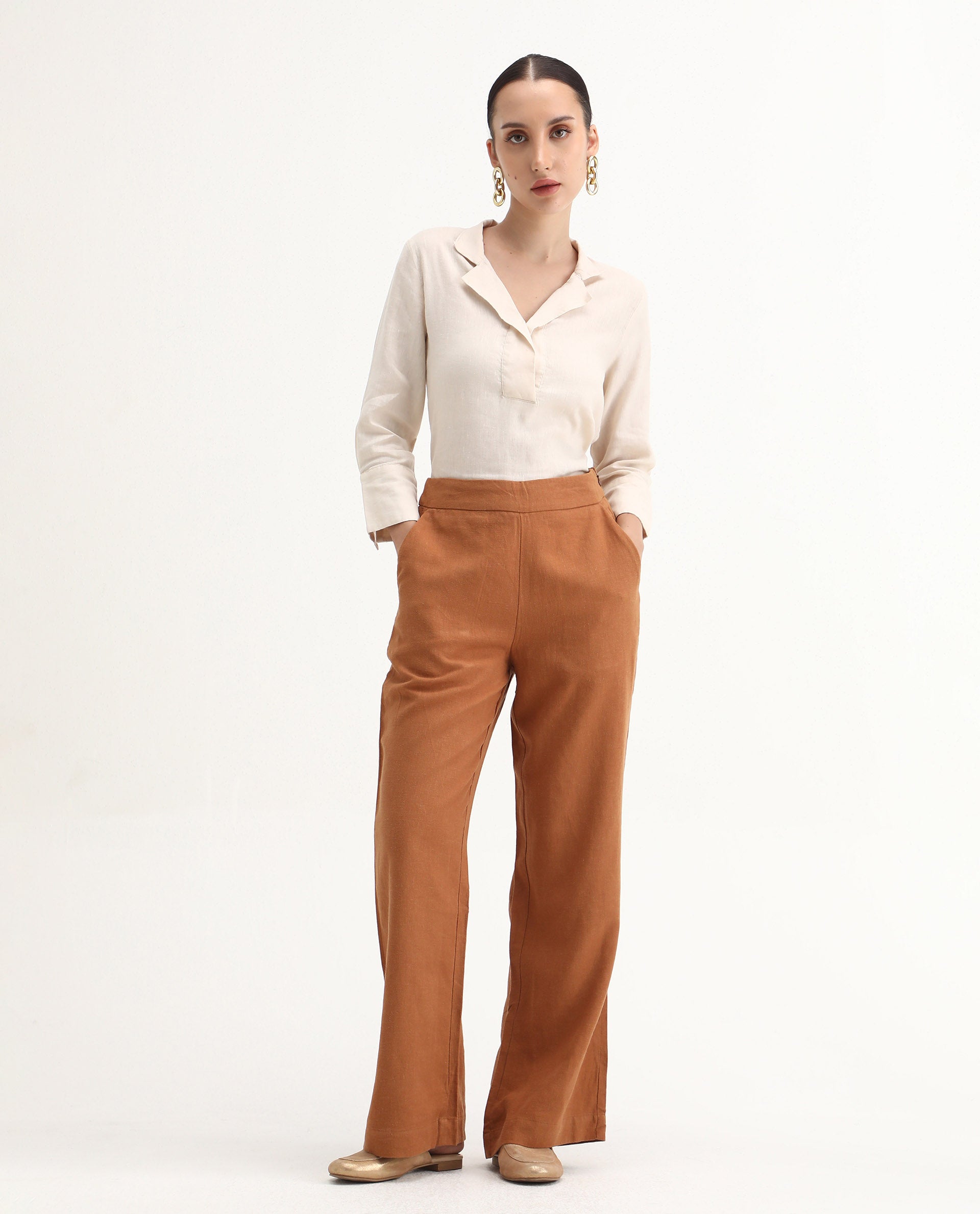 Rareism Women's Rica Pastel Orange Cotton Linen Plain Ankle Length Regular Fit Trouser