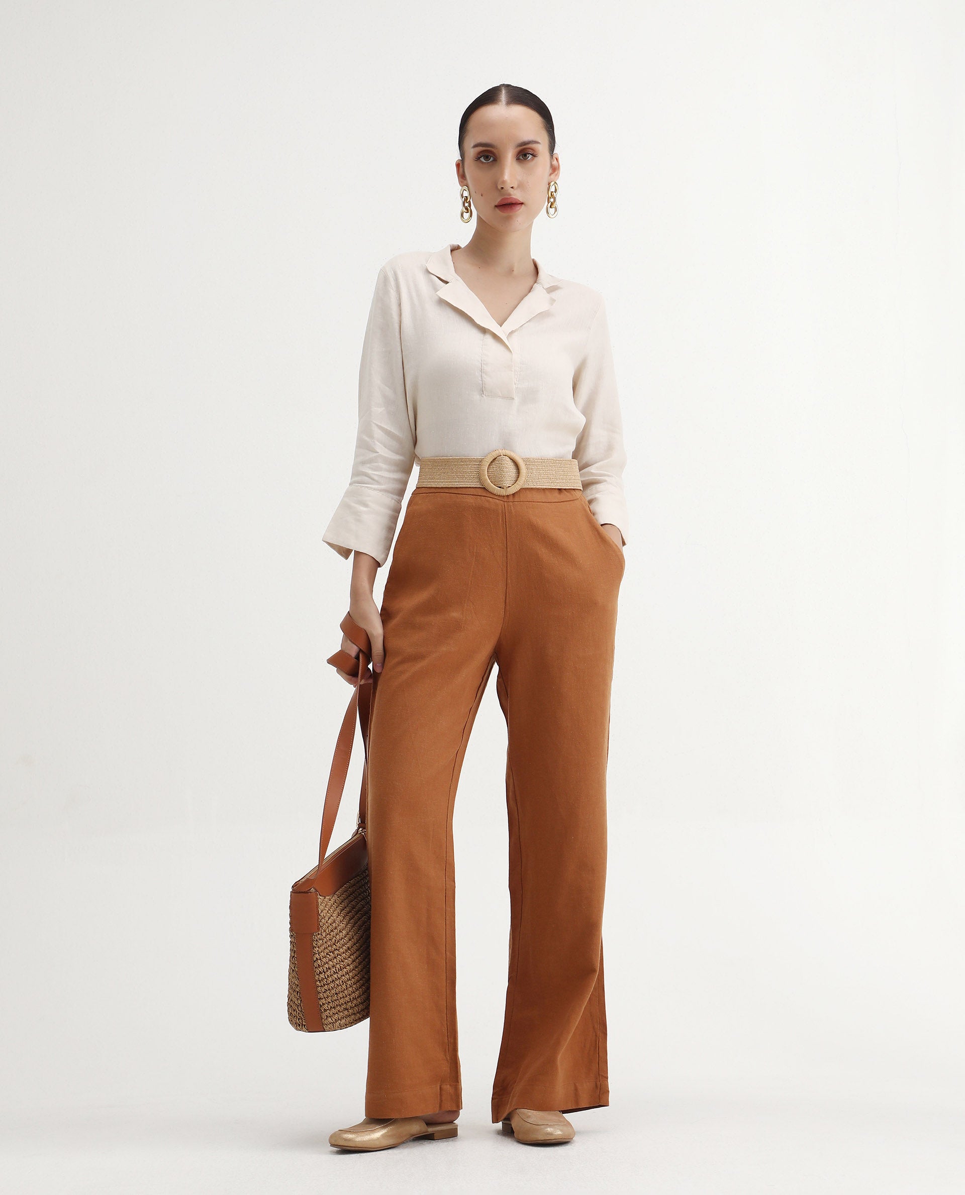 Rareism Women's Rica Pastel Orange Cotton Linen Plain Ankle Length Regular Fit Trouser