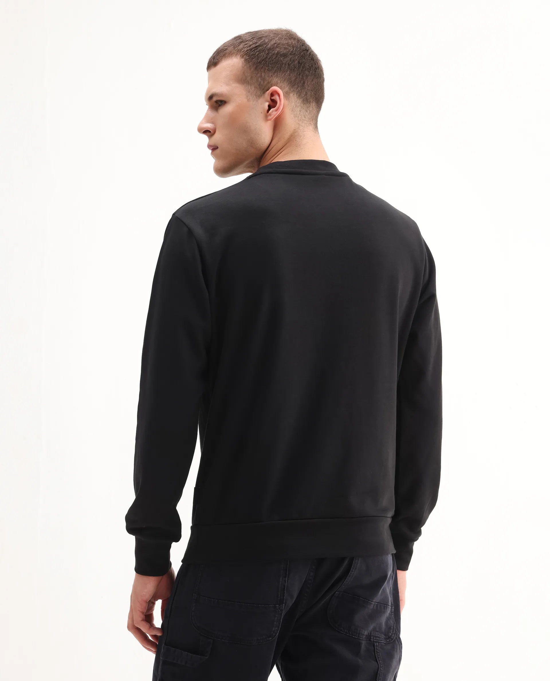 Rare Rabbit Men's Rick Black Cotton Blend Graphic Print Regular Fit Full Sleeve Crew Neck Sweatshirt