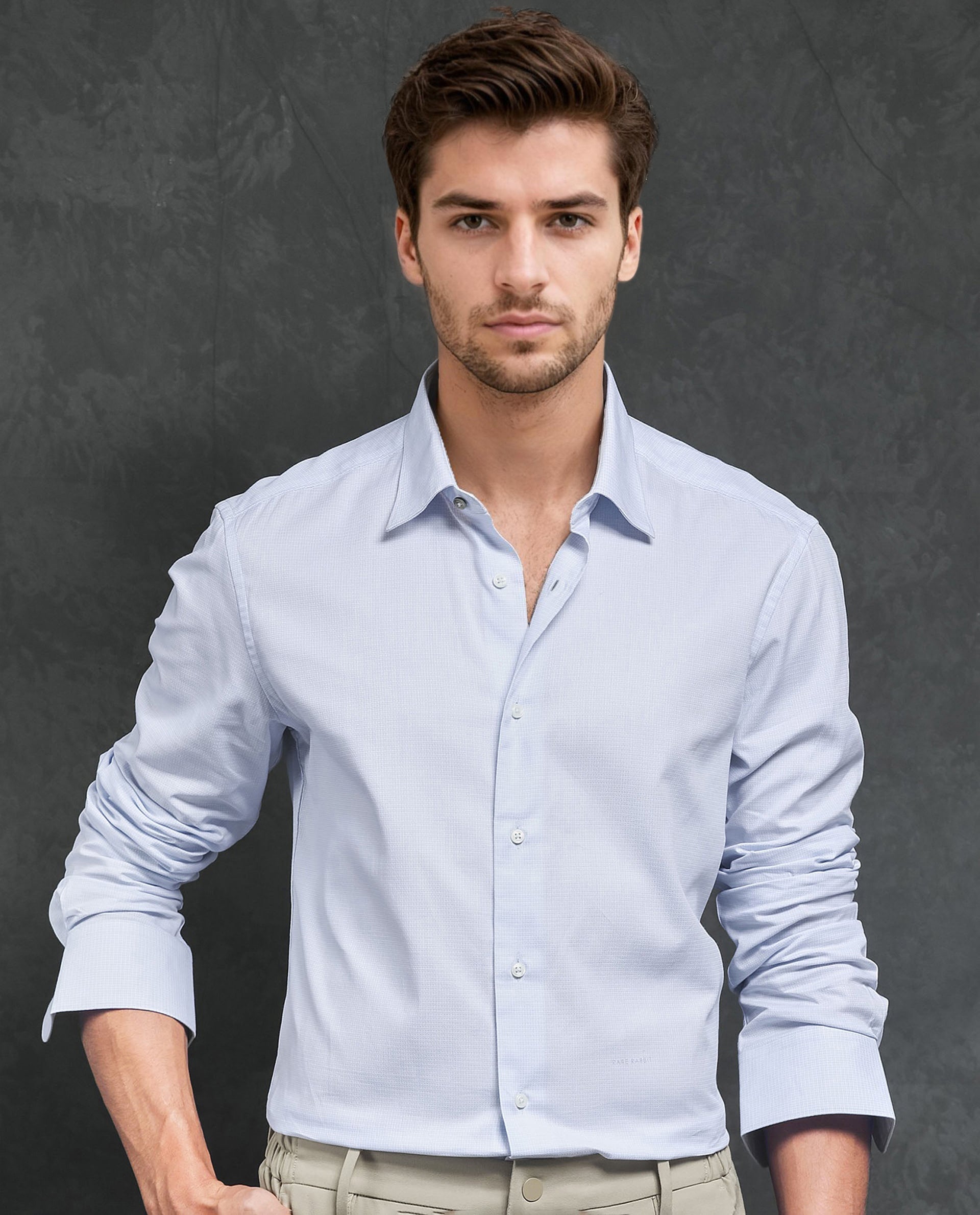 Rare Rabbit Men's Ridge Light Blue Cotton Fabric Full Sleeves Micro Checks Shirt