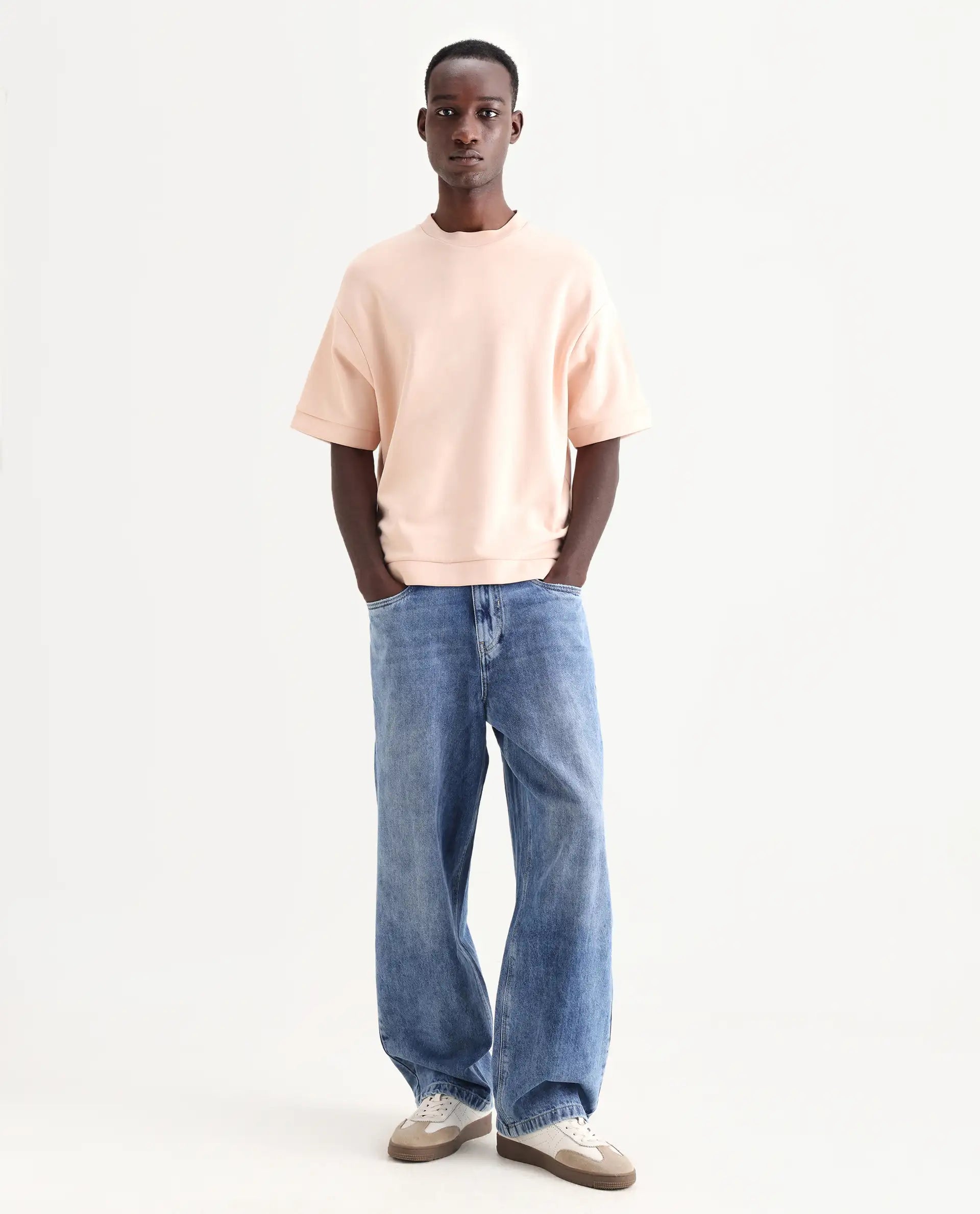 Rare Rabbit Men's Riffin Light Blue Cotton Plain Baggy Fit Jeans