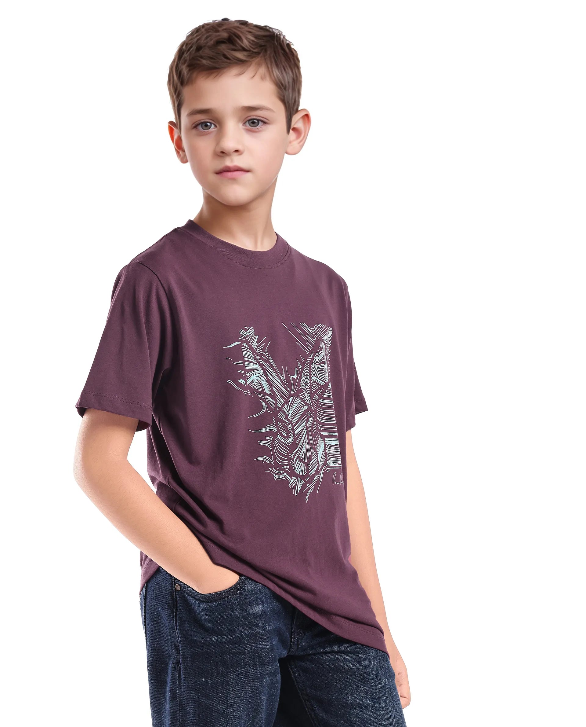 Rare Ones Kids Riggs Dark Maroon Cotton Pigment Print Regular Fit T-Shirt