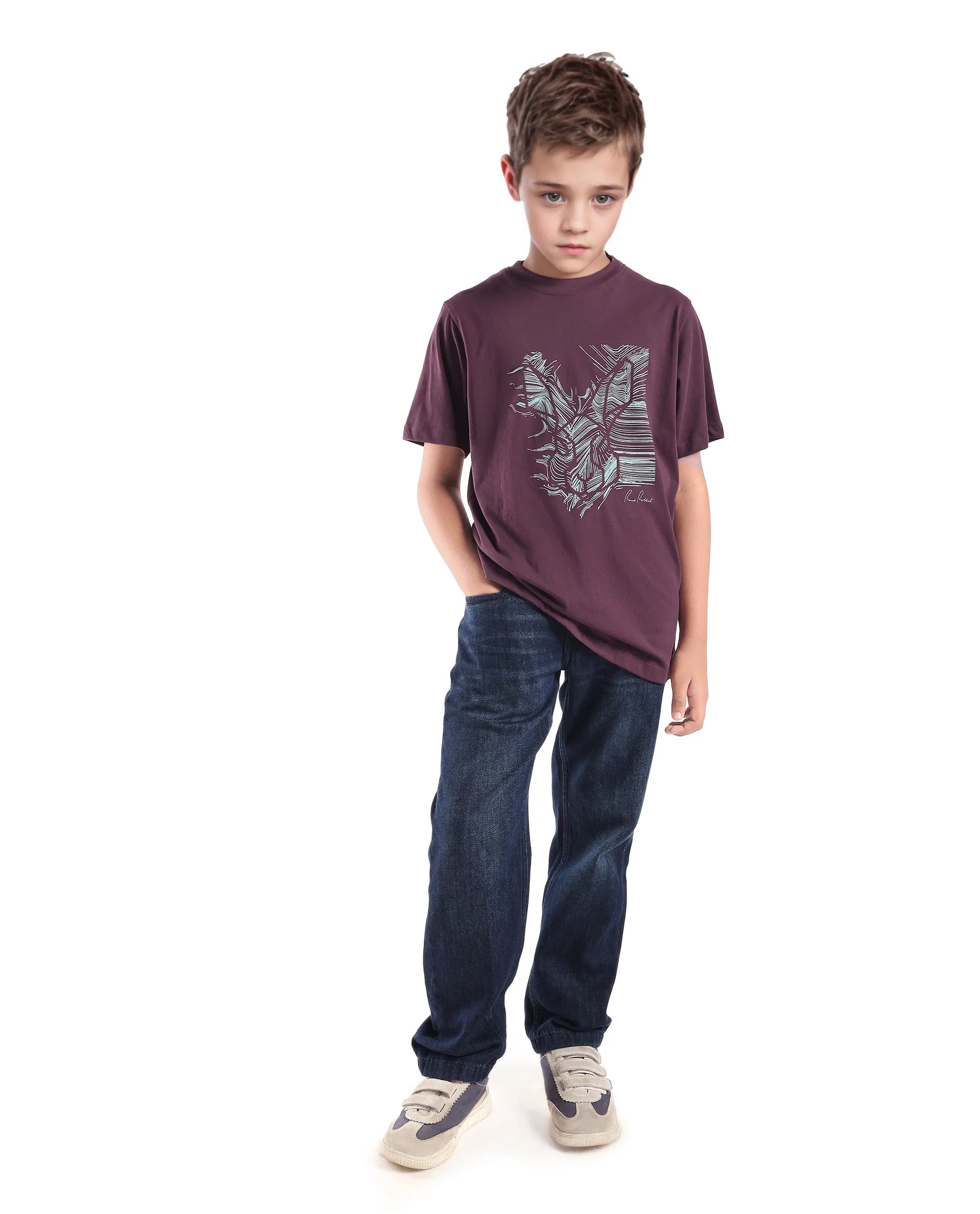 Rare Ones Kids Riggs Dark Maroon Cotton Pigment Print Regular Fit T-Shirt