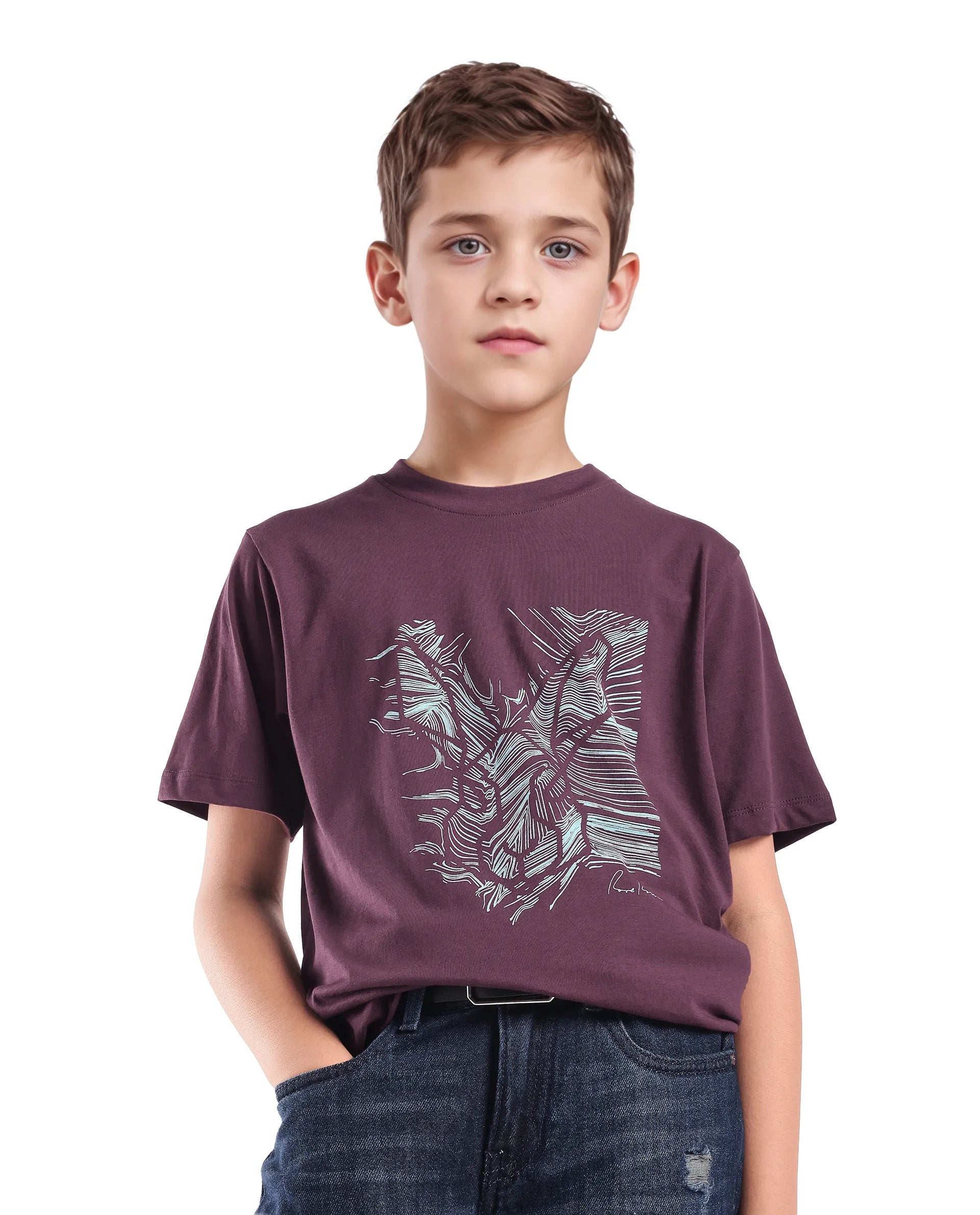 Rare Ones Kids Riggs Dark Maroon Cotton Pigment Print Regular Fit T-Shirt