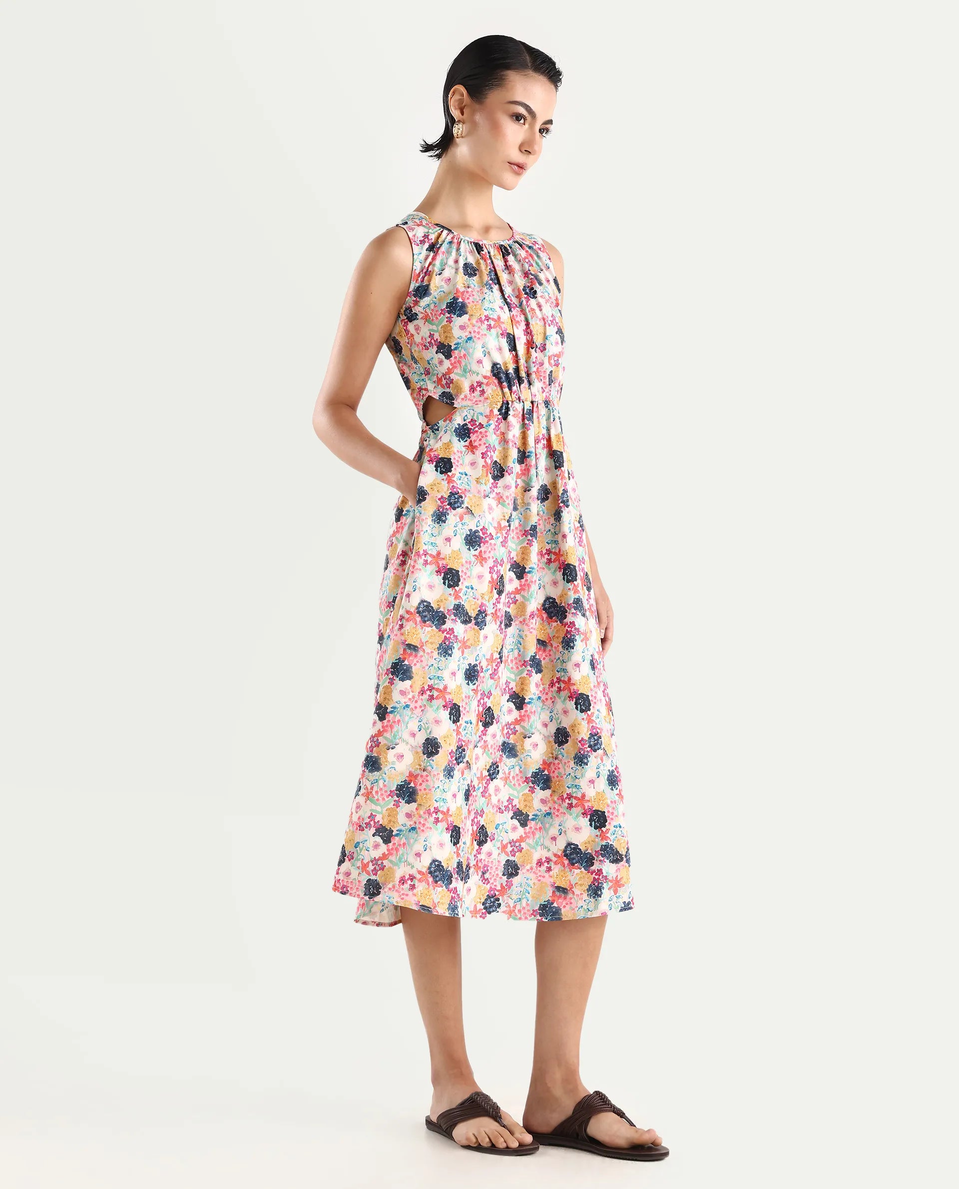 Rareism Women's Rinaf Multi Satin Round Neck Floral Print Sleeveless Midi Fit And Flare Dress