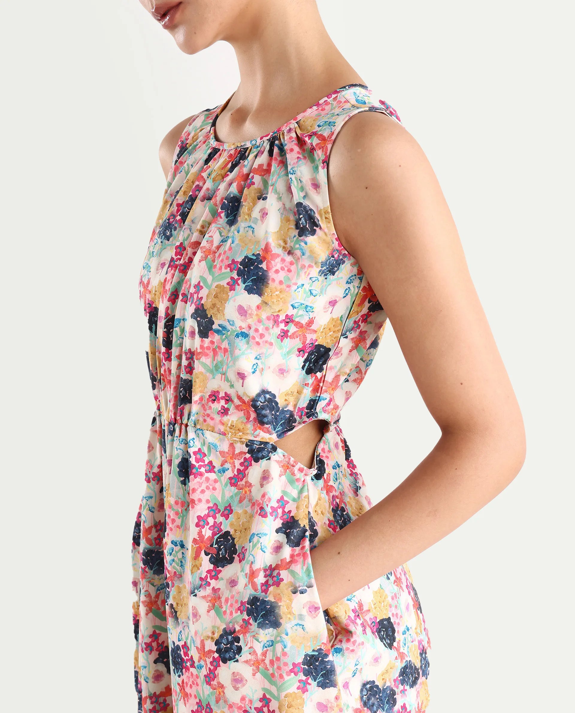 Rareism Women's Rinaf Multi Satin Round Neck Floral Print Sleeveless Midi Fit And Flare Dress