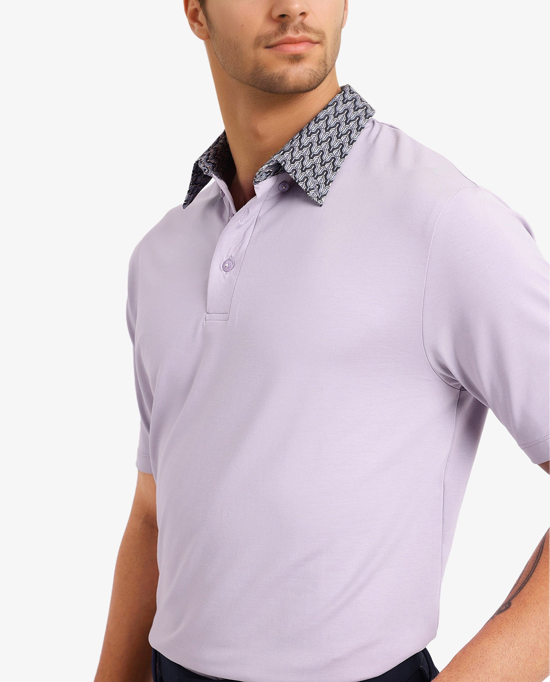 Rare Rabbit Men Ringer-2 Dusky Purple Cotton Fabric Printed Collar Half Sleeves Polo T-Shirt