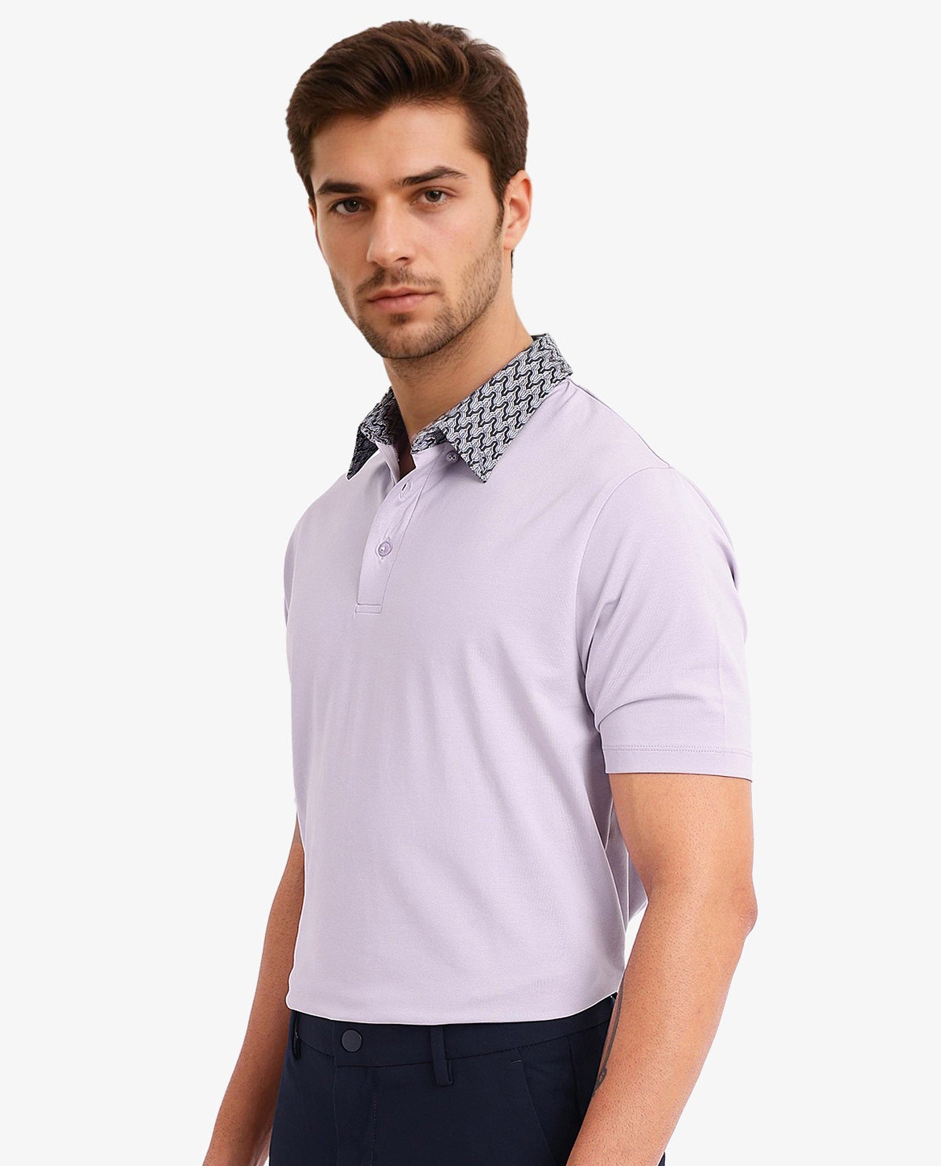 Rare Rabbit Men Ringer-2 Dusky Purple Cotton Fabric Printed Collar Half Sleeves Polo T-Shirt