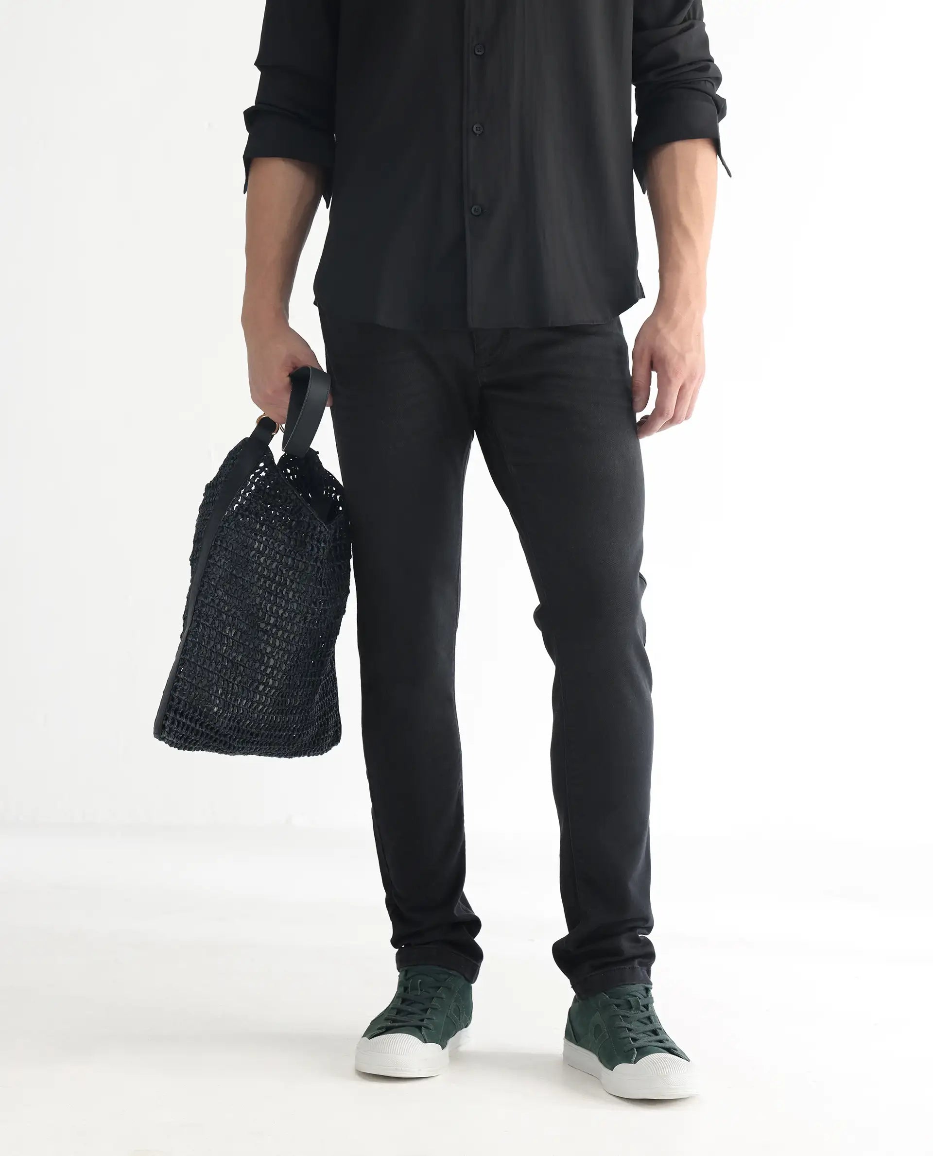 Rare Rabbit Men's Riom Dark Grey Cotton Plain Hawk Slim Fit Jeans