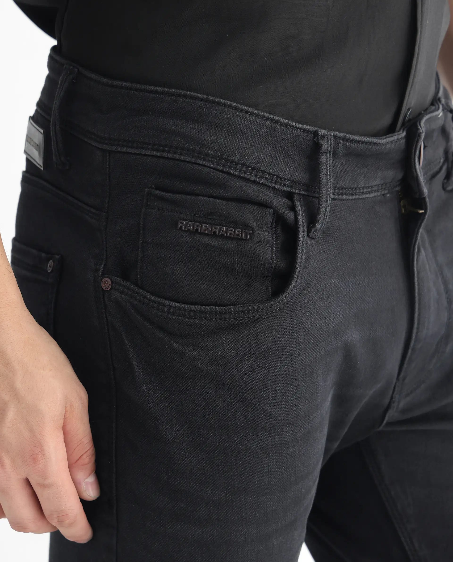 Rare Rabbit Men's Riom Dark Grey Cotton Plain Hawk Slim Fit Jeans