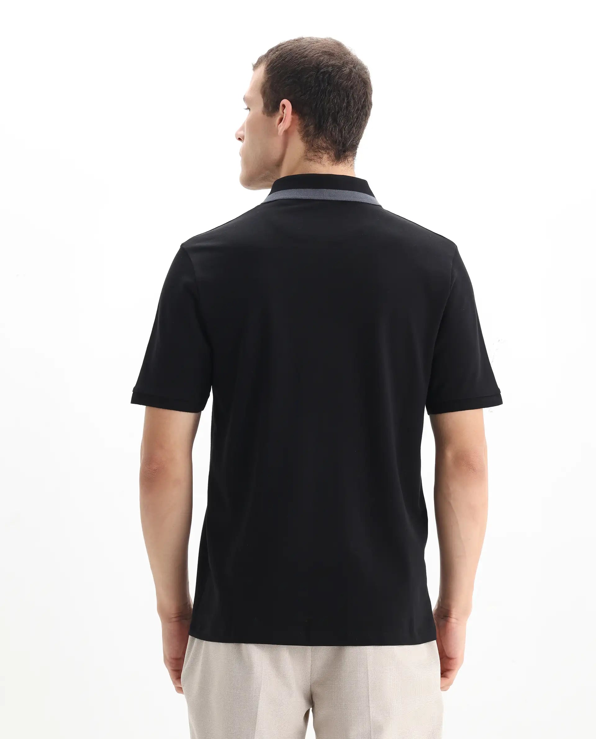 Rare Rabbit Men's Rique Black Cotton Plain Regular Fit Half Sleeve Polo