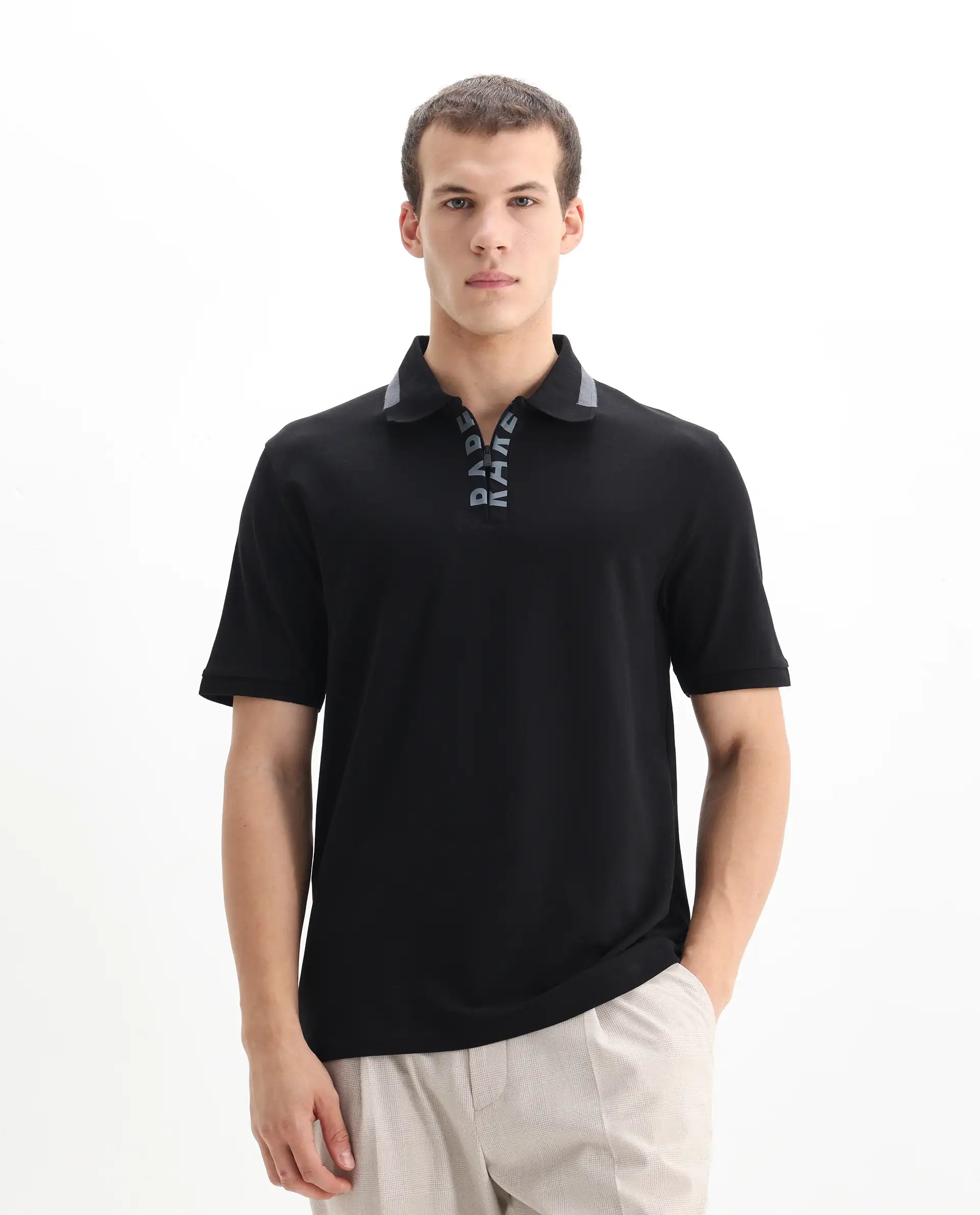 Rare Rabbit Men's Rique Black Cotton Plain Regular Fit Half Sleeve Polo