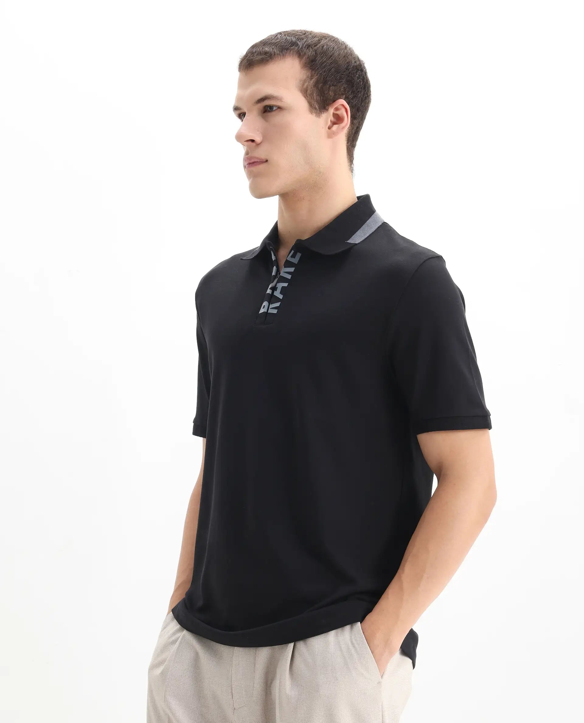 Rare Rabbit Men's Rique Black Cotton Plain Regular Fit Half Sleeve Polo