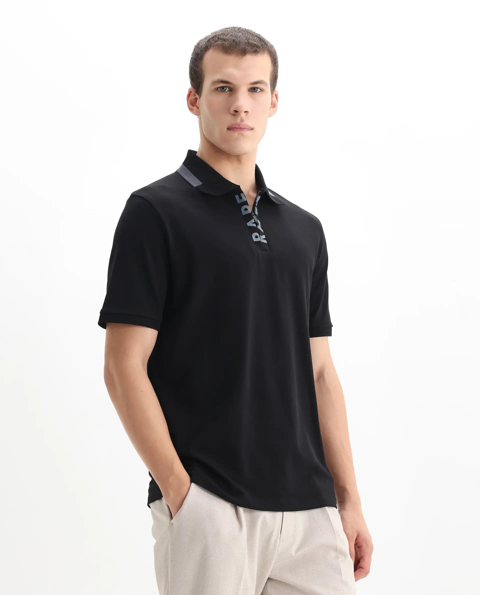 Rare Rabbit Men's Rique Black Cotton Plain Regular Fit Half Sleeve Polo