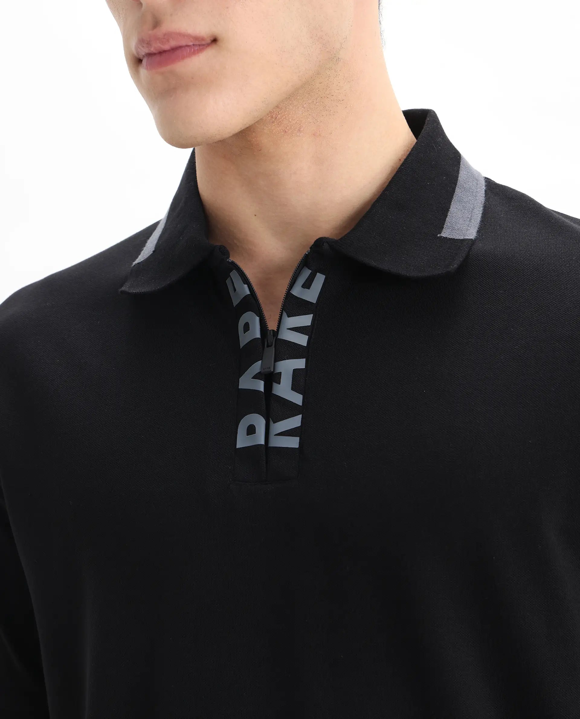 Rare Rabbit Men's Rique Black Cotton Plain Regular Fit Half Sleeve Polo