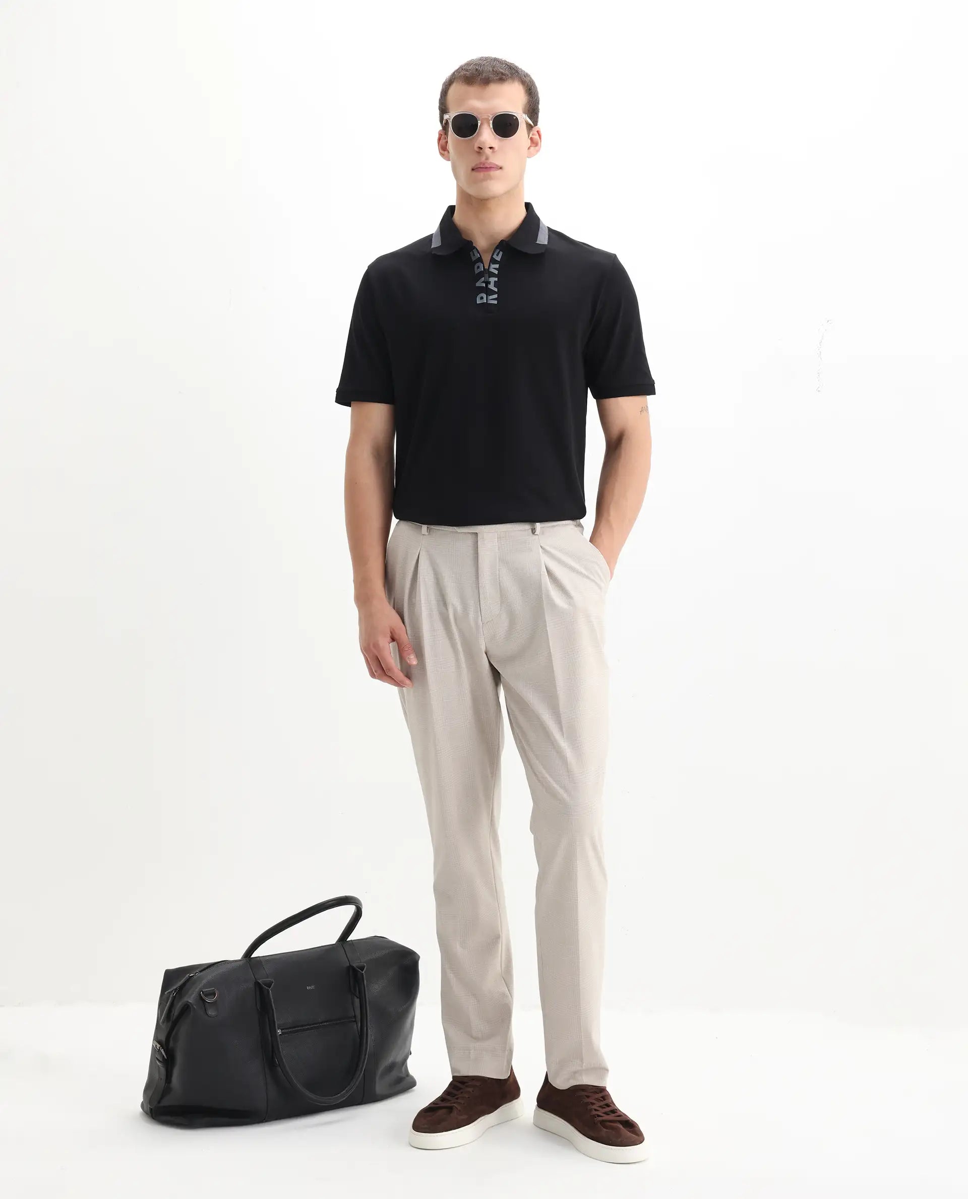 Rare Rabbit Men's Rique Black Cotton Plain Regular Fit Half Sleeve Polo