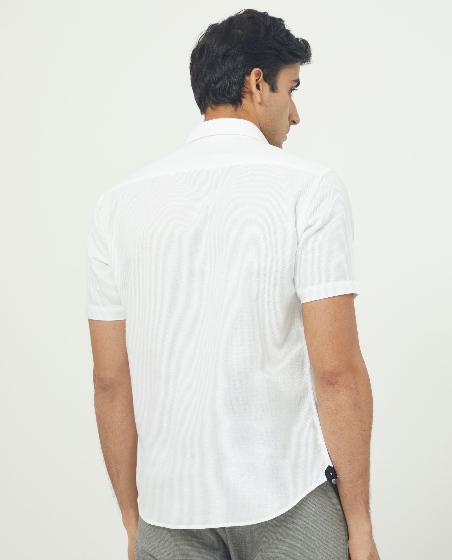 Rare Rabbit Men's Rissa White Cotton Fabric Half Sleeves Solid Dobby Shirt