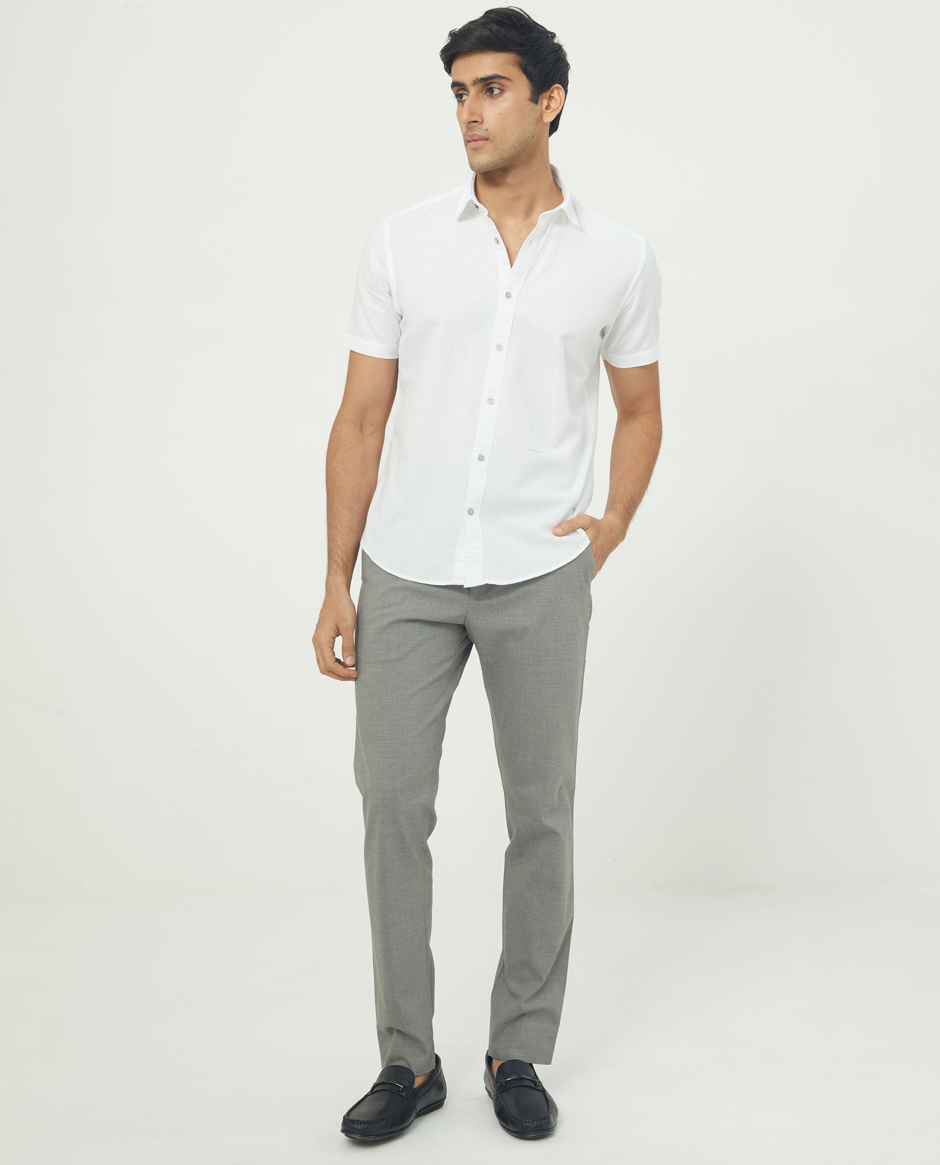 Rare Rabbit Men's Rissa White Cotton Fabric Half Sleeves Solid Dobby Shirt