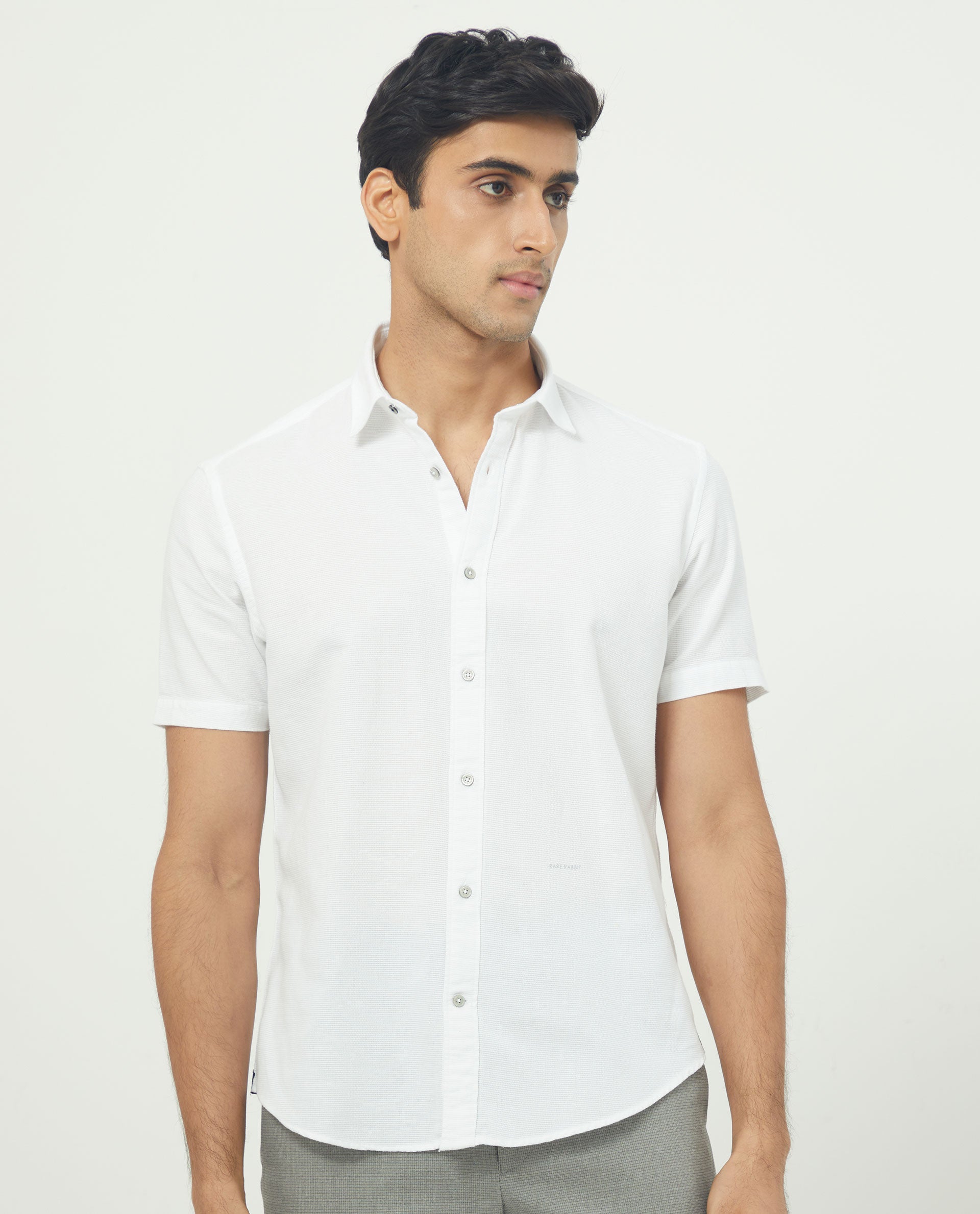 Rare Rabbit Men's Rissa White Cotton Fabric Half Sleeves Solid Dobby Shirt