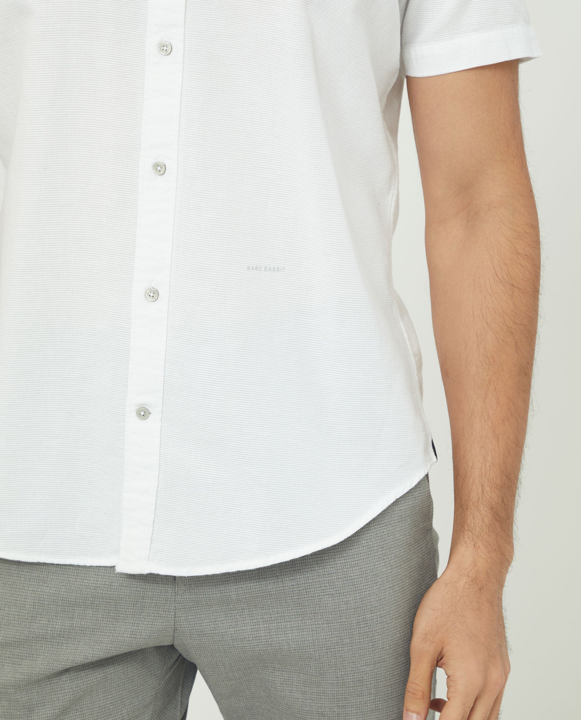 Rare Rabbit Men's Rissa White Cotton Fabric Half Sleeves Solid Dobby Shirt