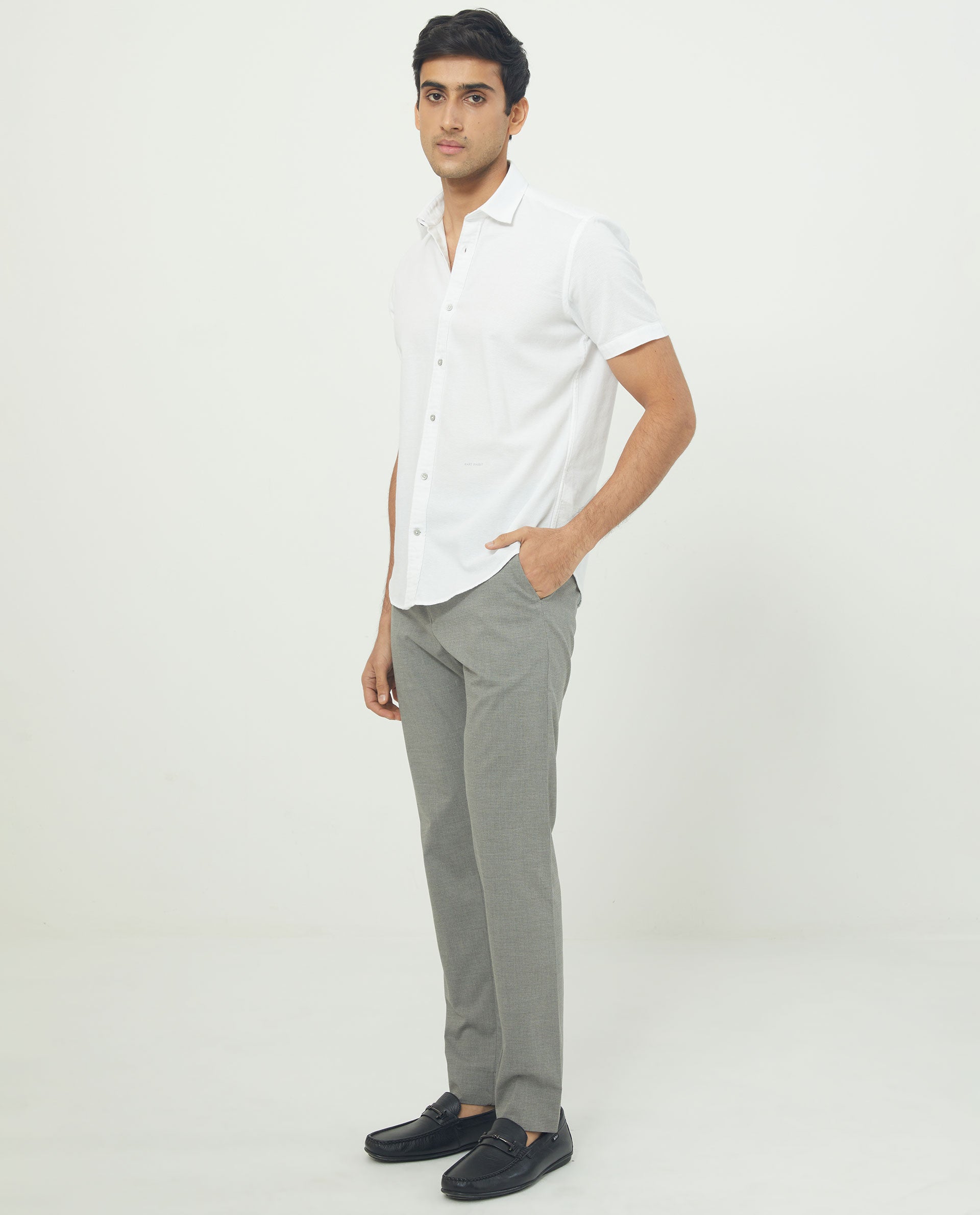 Rare Rabbit Men's Rissa White Cotton Fabric Half Sleeves Solid Dobby Shirt