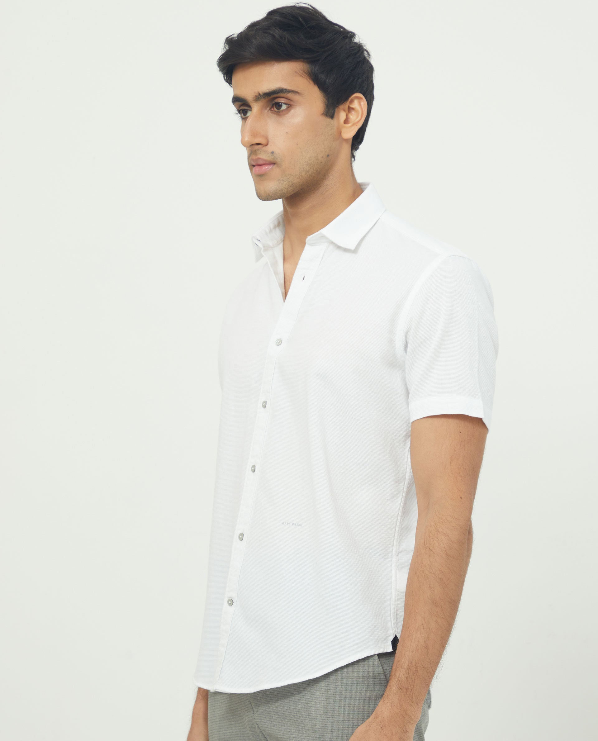 Rare Rabbit Men's Rissa White Cotton Fabric Half Sleeves Solid Dobby Shirt