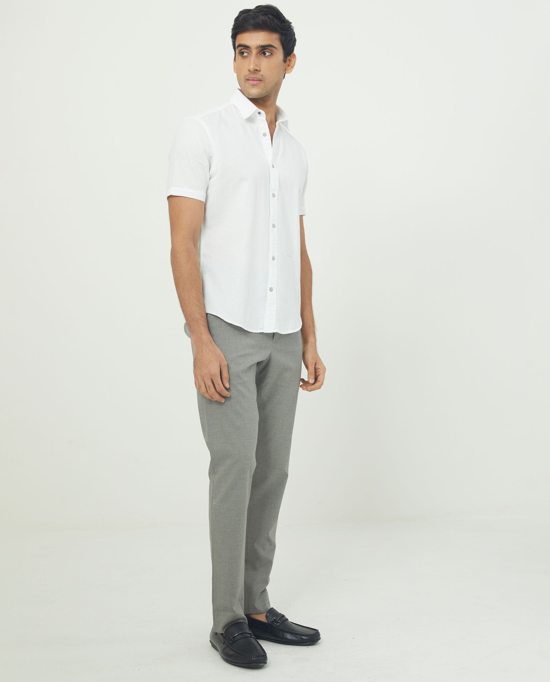 Rare Rabbit Men's Rissa White Cotton Fabric Half Sleeves Solid Dobby Shirt