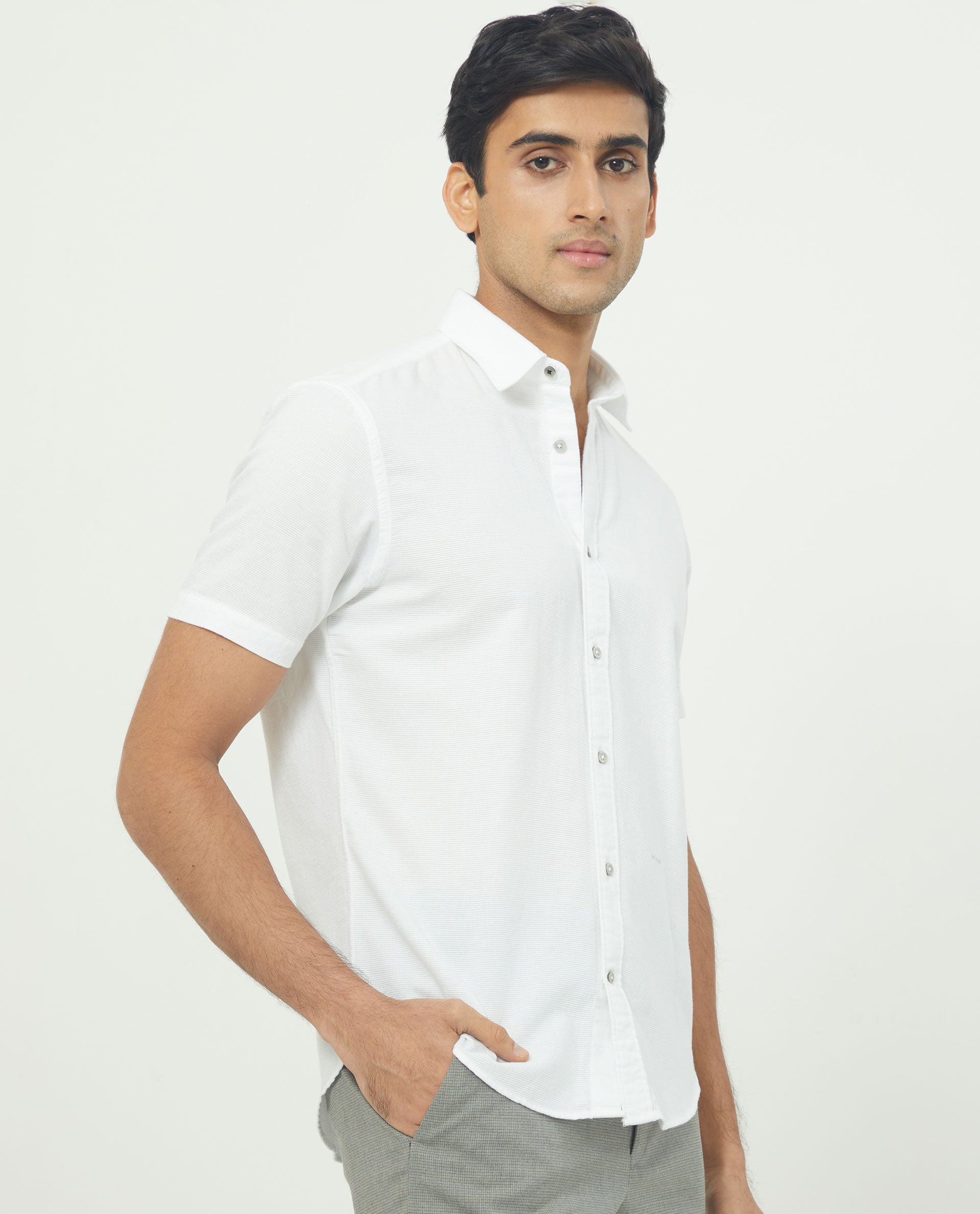 Rare Rabbit Men's Rissa White Cotton Fabric Half Sleeves Solid Dobby Shirt