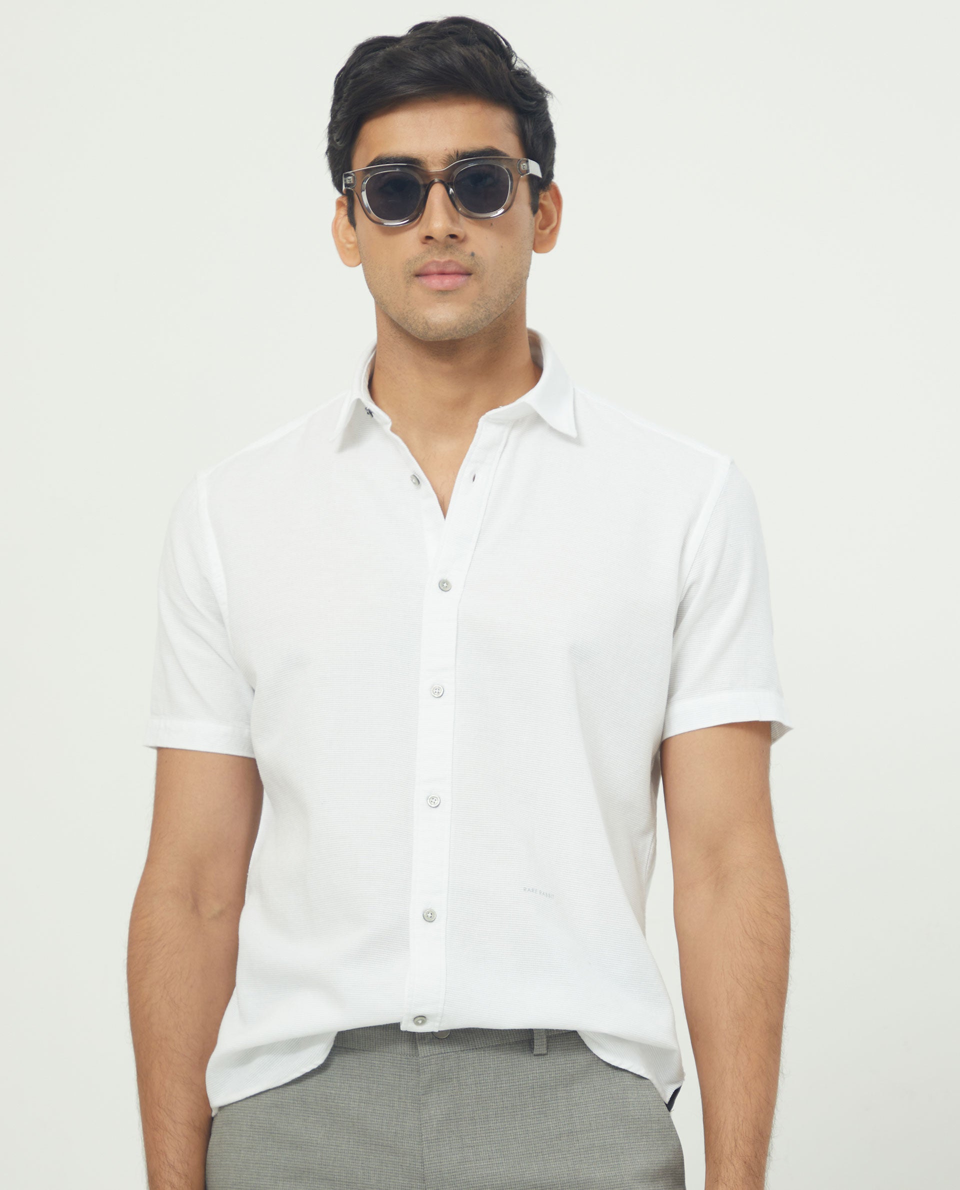 Rare Rabbit Men's Rissa White Cotton Fabric Half Sleeves Solid Dobby Shirt