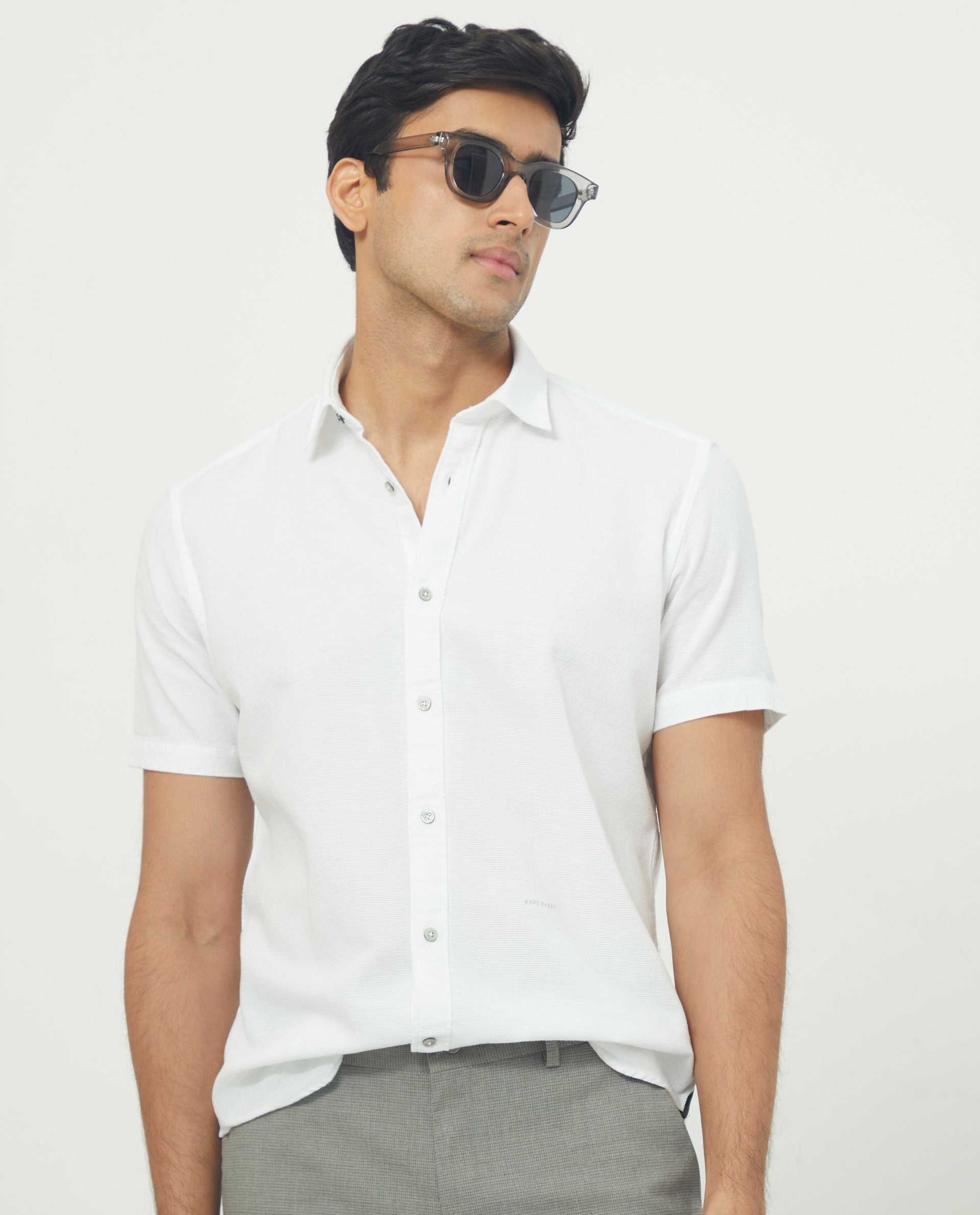 Rare Rabbit Men's Rissa White Cotton Fabric Half Sleeves Solid Dobby Shirt