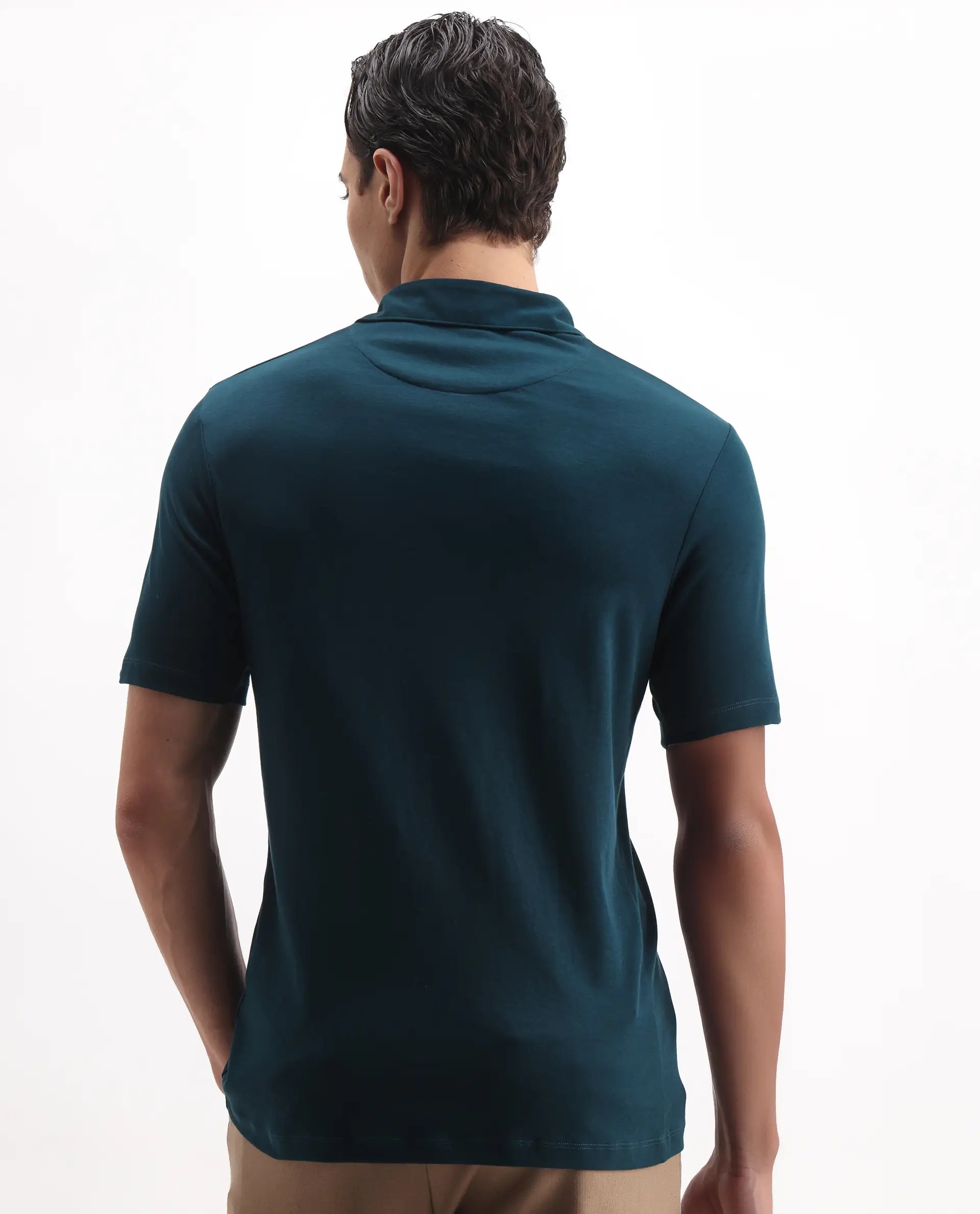 Rare Rabbit Men's Ritz Dark Green Cotton Plain Regular Fit Half Sleeve Polo